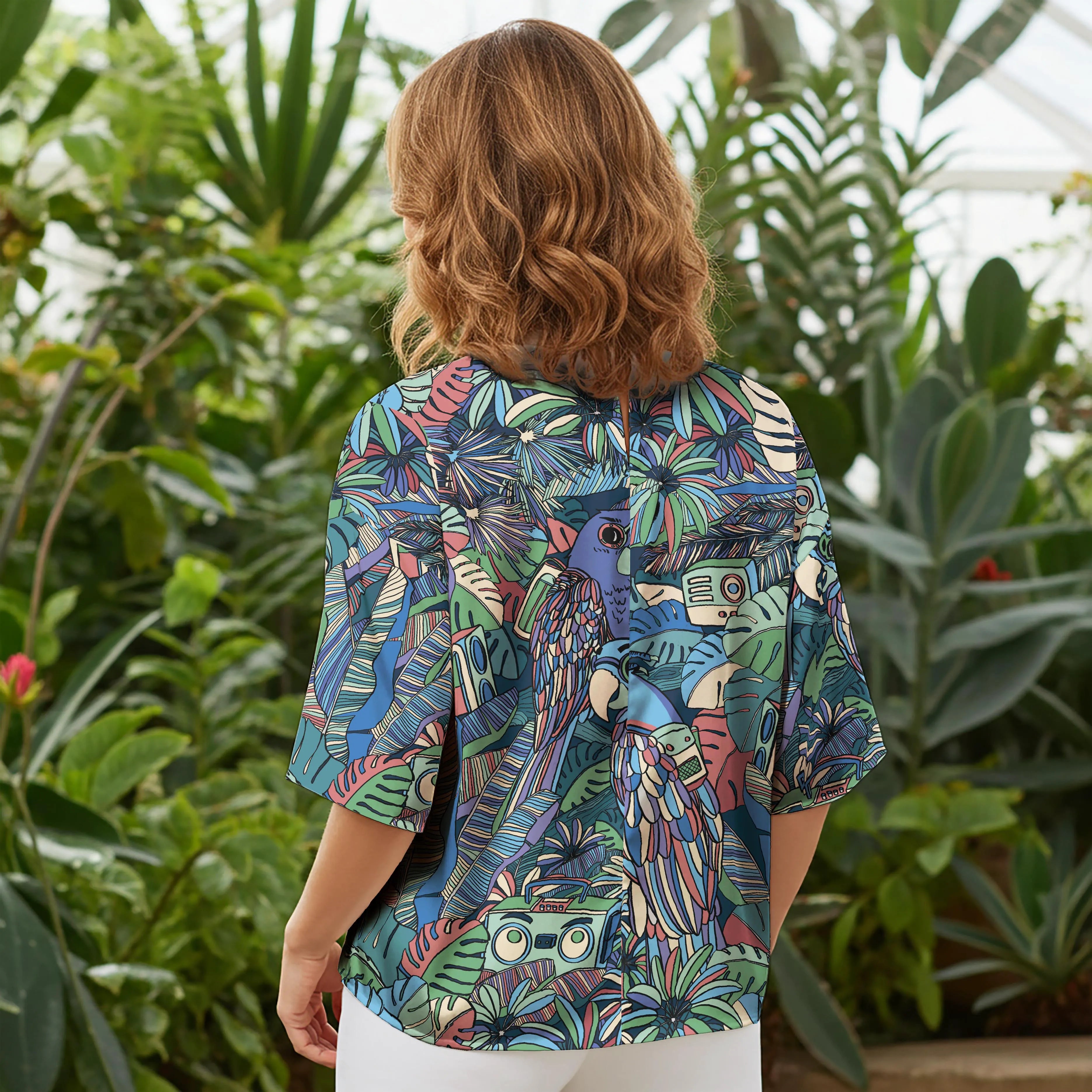 Women Casual Blouse Elbow Sleeve Round Neck Button-Back 100% Lyocell Blue Aloha Parrot In The Enchanted Forest