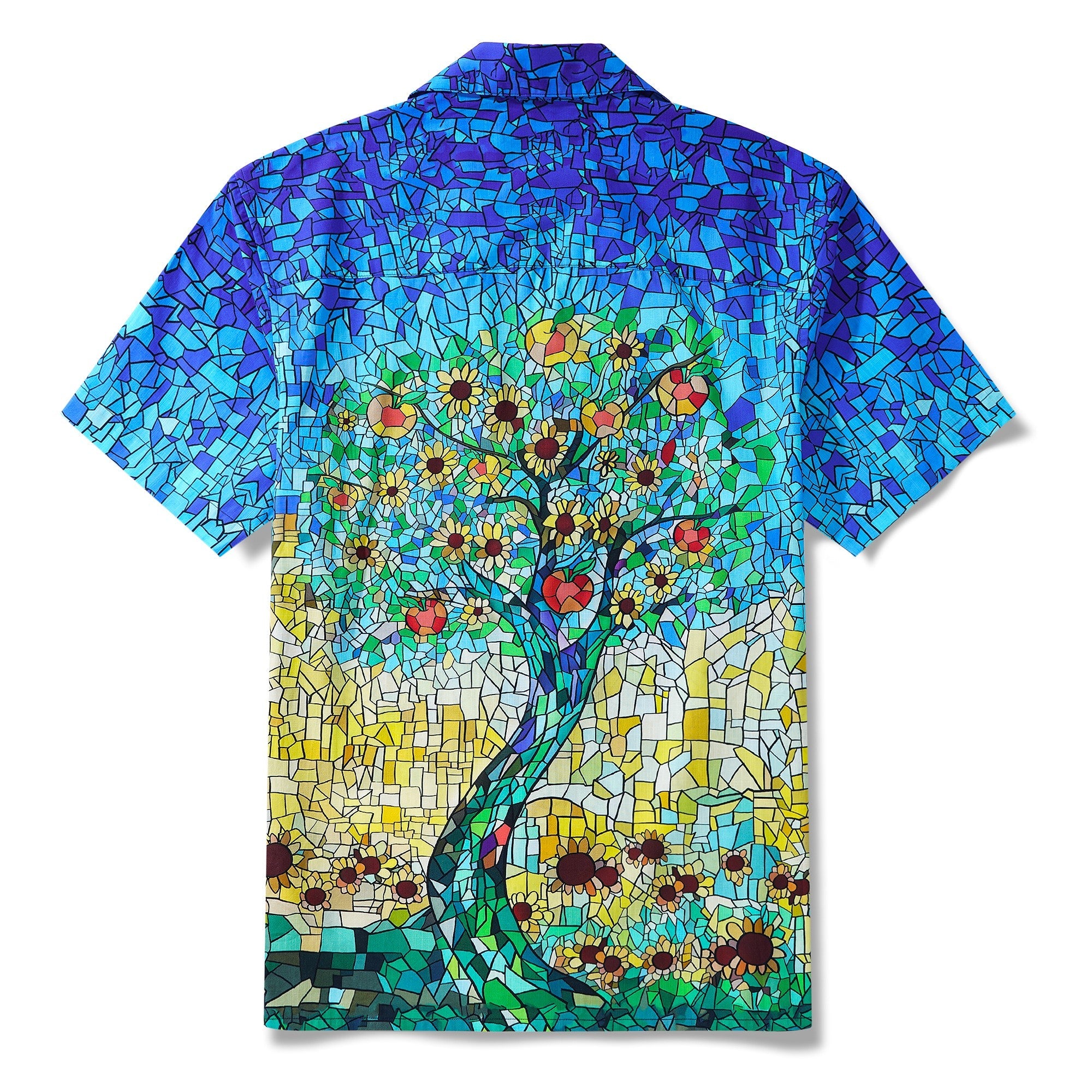 Men's Hawaiian Shirt Short Sleeve Camp Collar 100% Cotton Blue Aloha Sunlit Orchard's Glass Garden