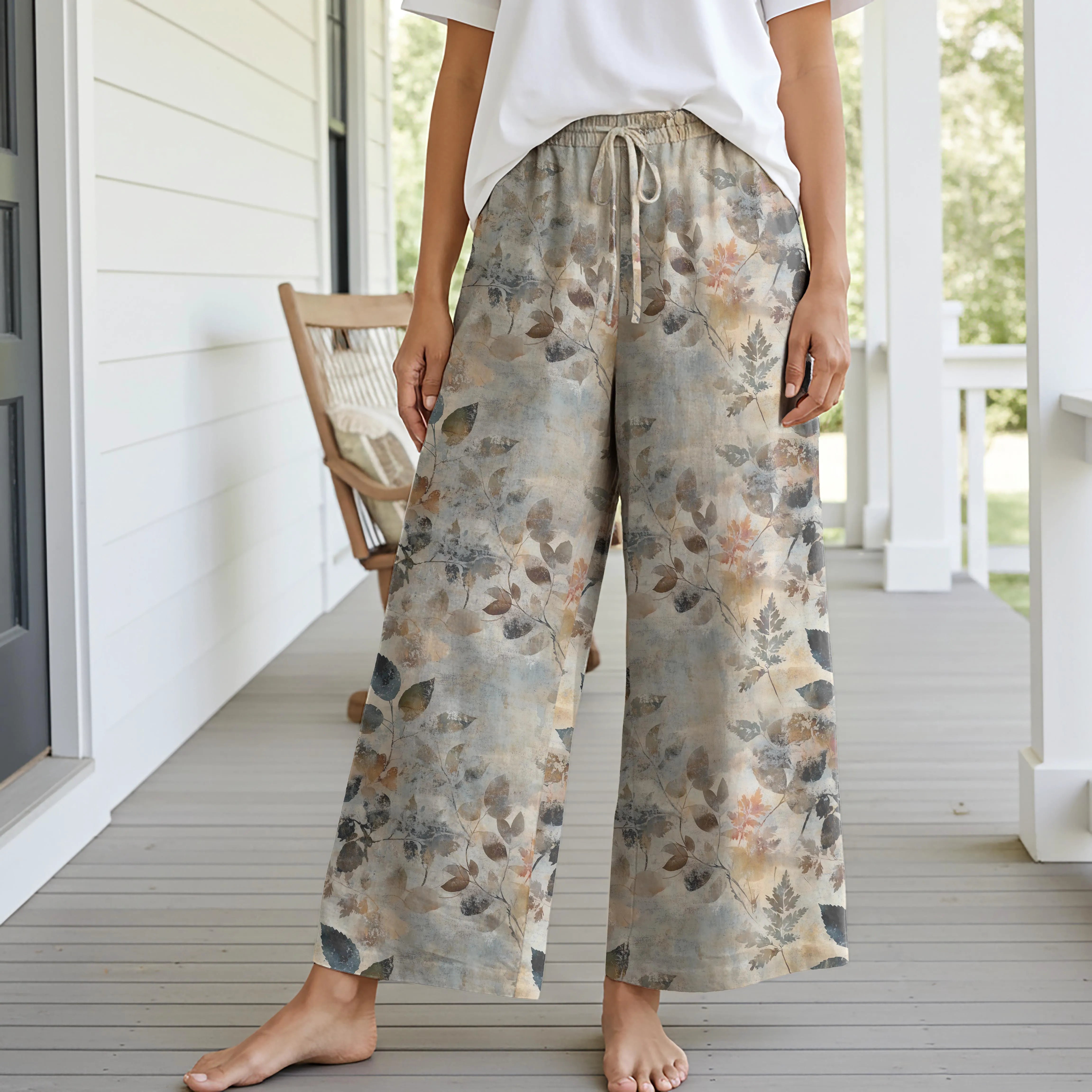 Women Casual Pants Lounge Elastic Waist Drawstring with Pockets 93% Tencel, 7% Linen Brown Aloha Autumn Hues