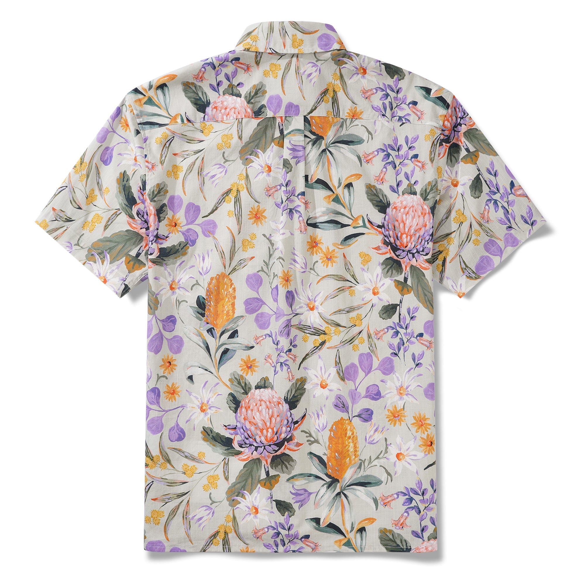 Bushwalk By Jayne Branchflower 100% Cotton Men's Short Sleeve Button-down Shirt Purple Aloha Hawaiian