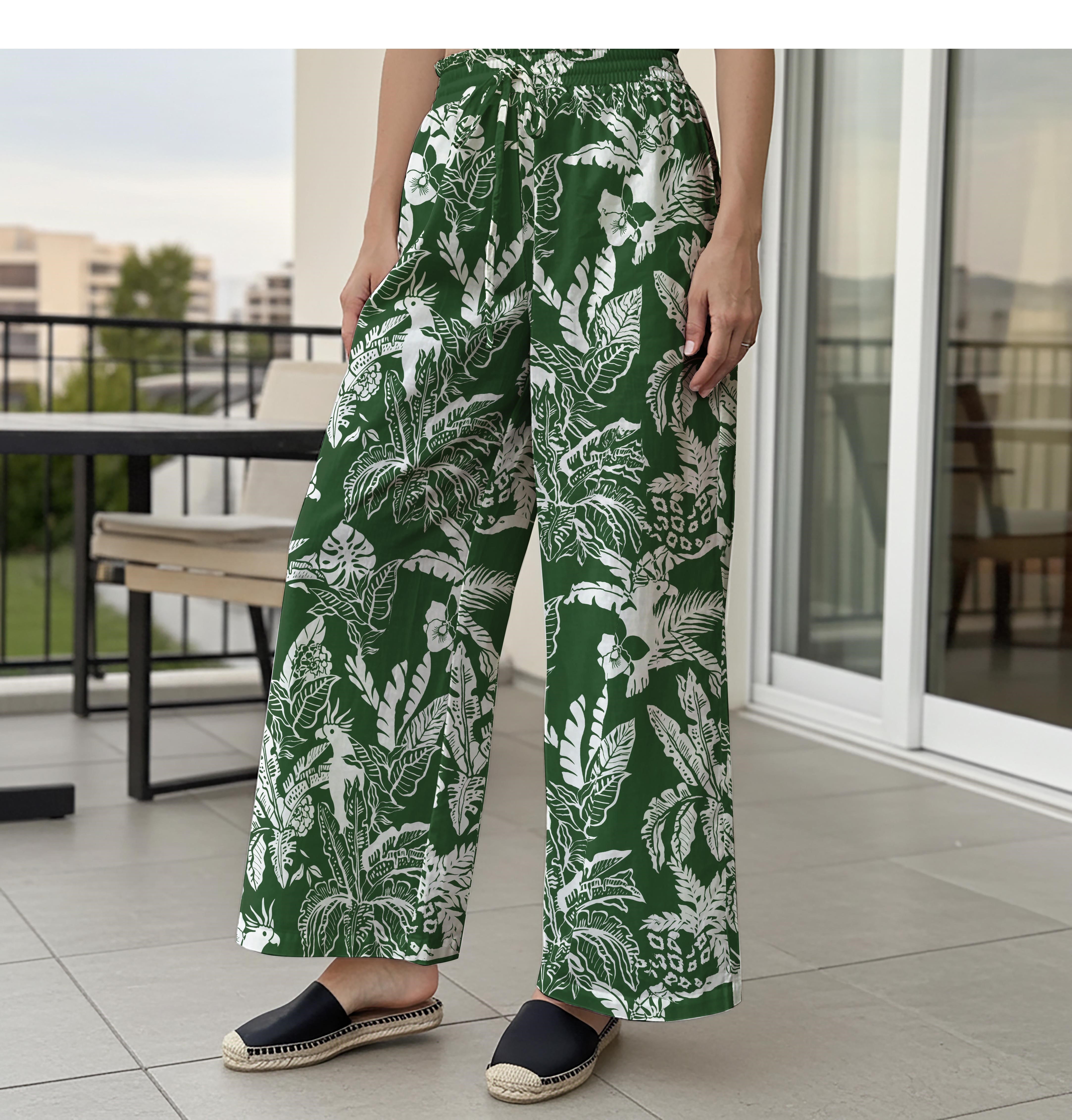 Women Casual Pants Lounge Elastic Waist Drawstring 100% Cotton Green Aloha Tropical Exotic Vibes