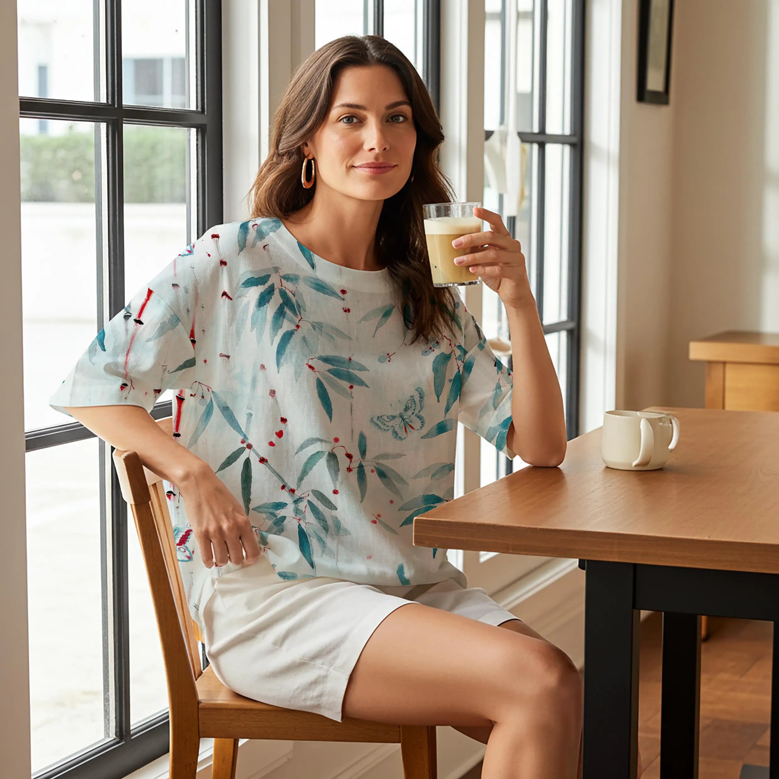 Women Casual Blouse 3/4 Sleeve Round Neck 95% Tencel, 5% Linen Blue Aloha Bamboo Spy Serenity