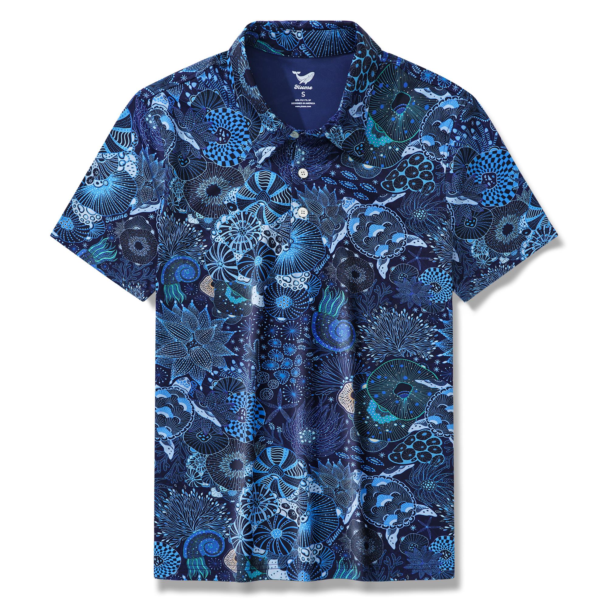 Men's Hawaiian Polo Shirt Short Sleeve 83% Recycled polyester 17% Spandex Blue Aloha Grammar of the Coral