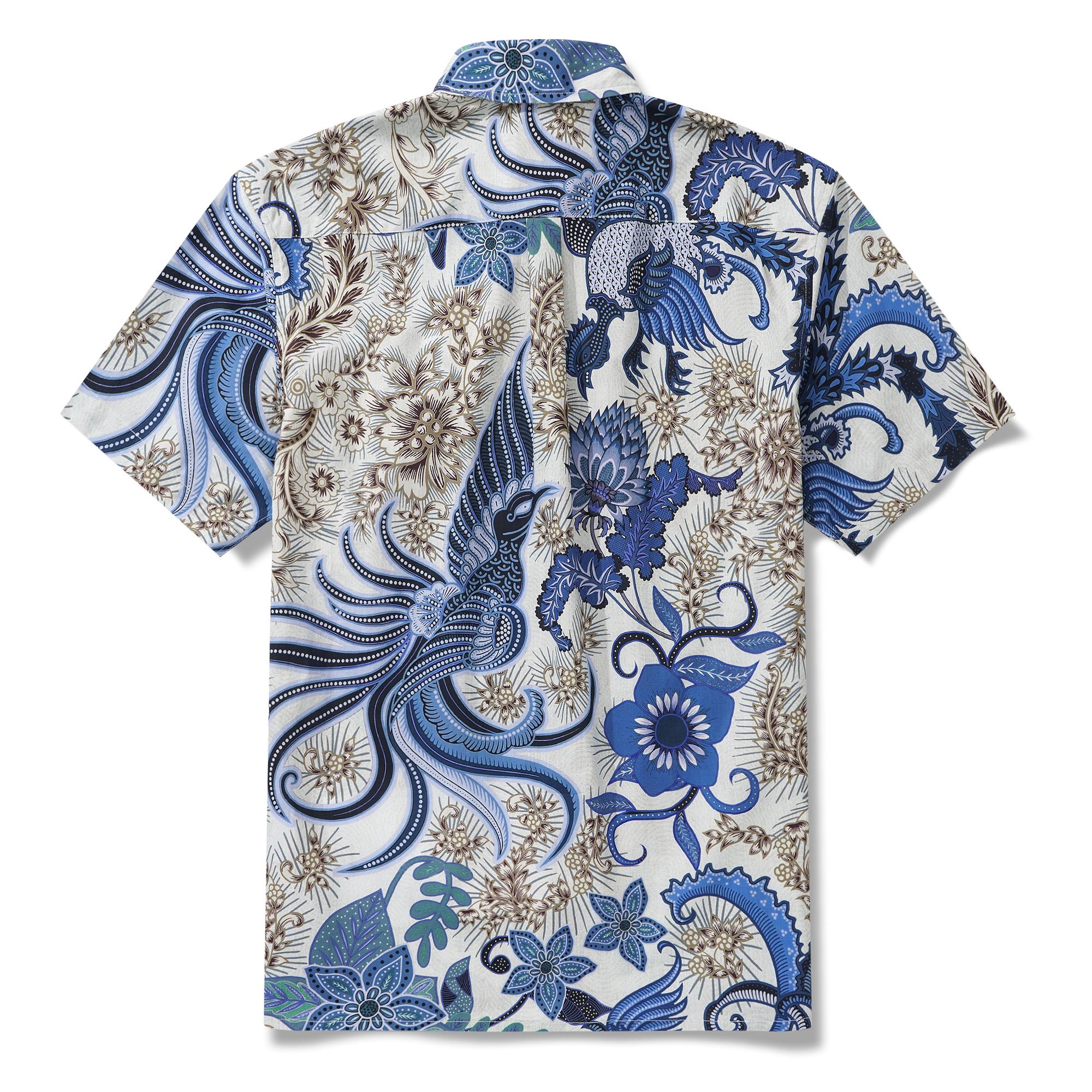 Men's Hawaiian Shirt Short Sleeve Button-down 100% Cotton Blue Aloha Blue Floral Phoenix