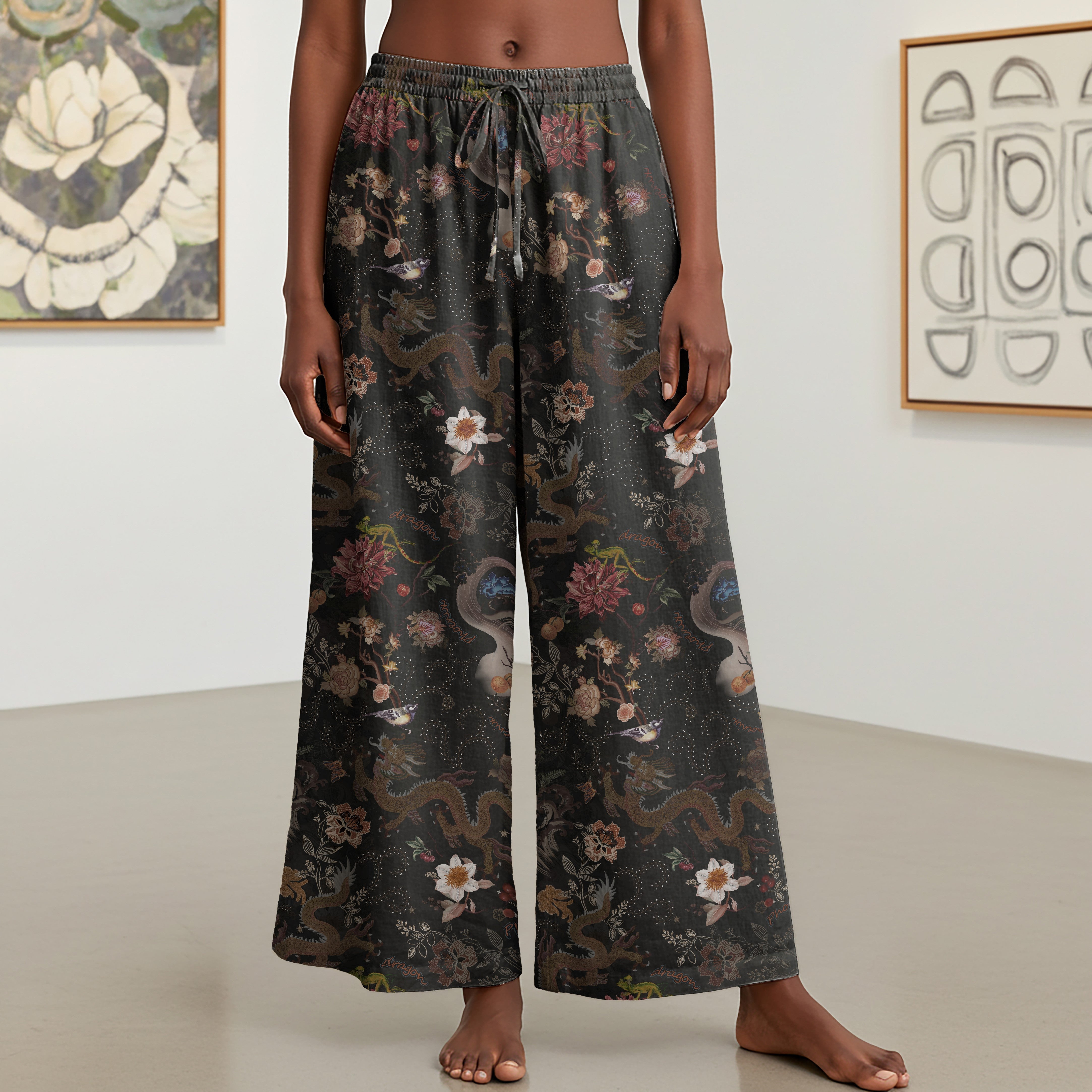 Women Casual Pants Lounge Elastic Waist Drawstring with Pockets 93% Tencel, 7% Linen Black Aloha Ink Charm Eastern Dream
