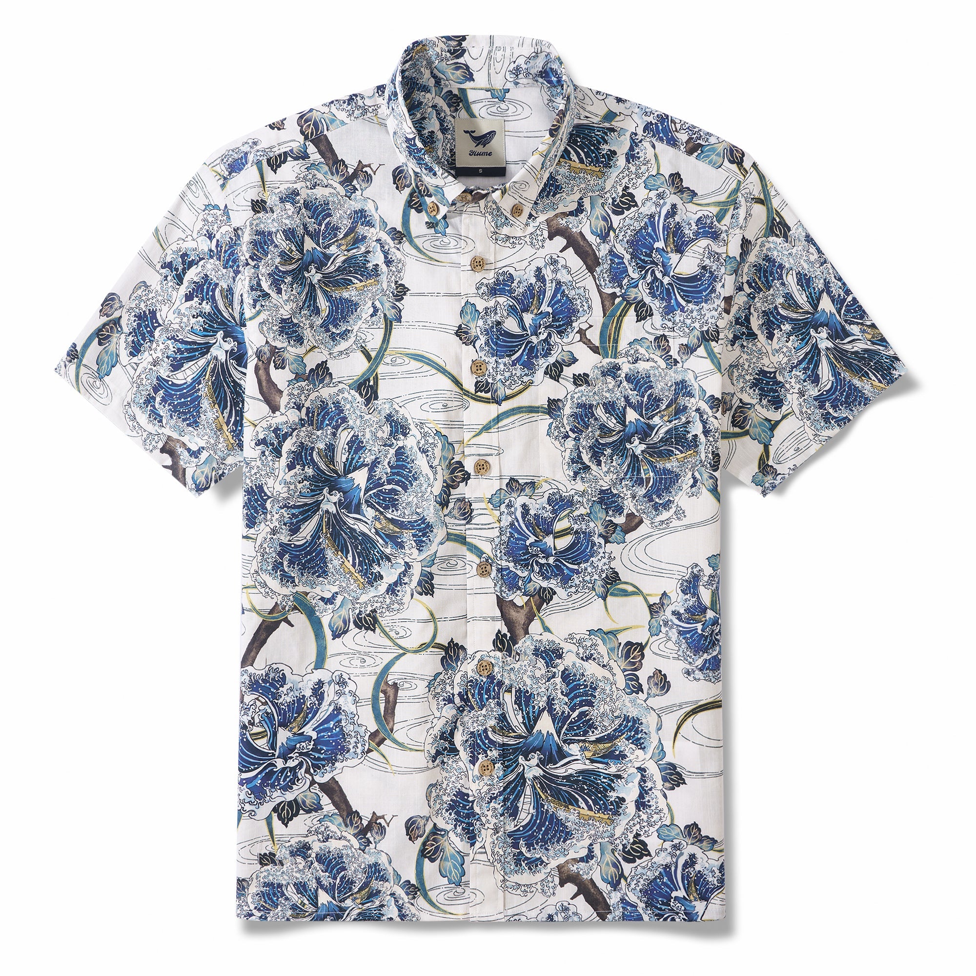 Ocean Waves on Branches 100% Cotton Men's Short Sleeve Button-down collar Shirt White Aloha Hawaiian