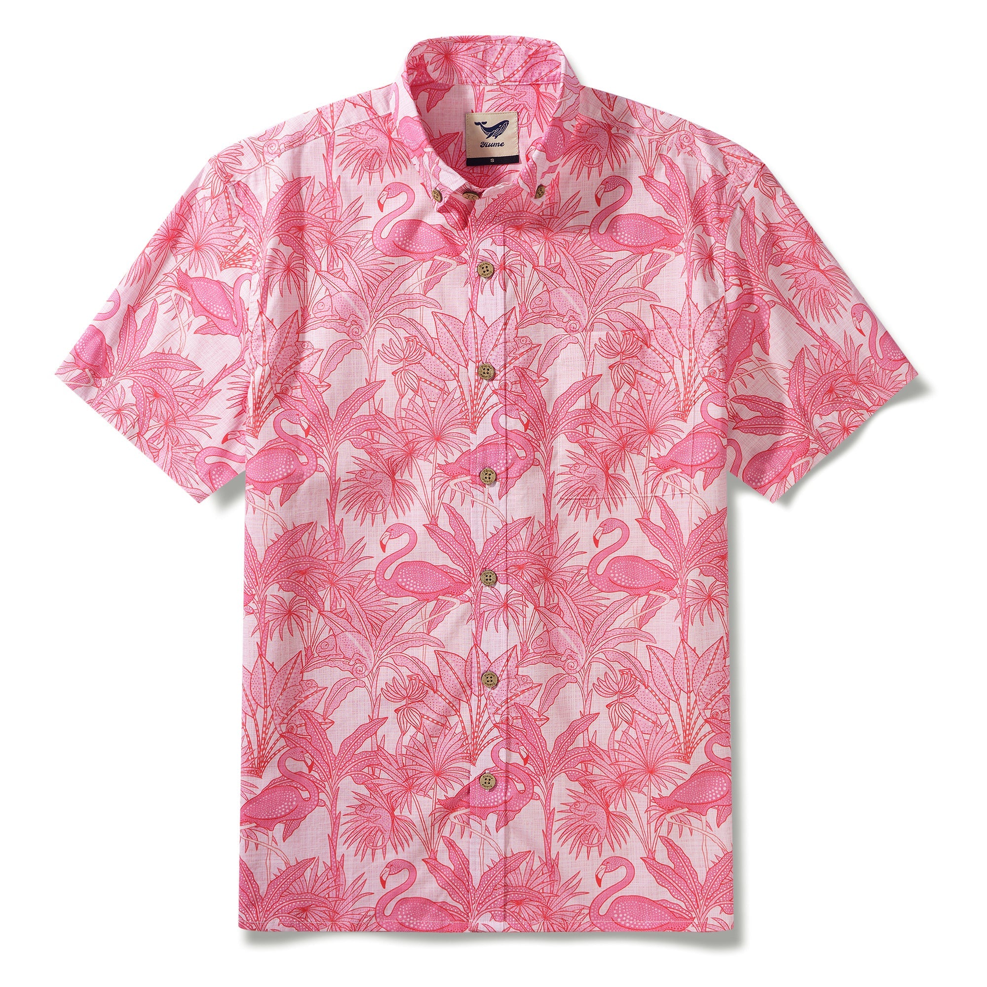 Flamingos & Chameleons By House of Haricot 100% Cotton Men's Short Sleeve Button-down Shirt Red Aloha Hawaiian