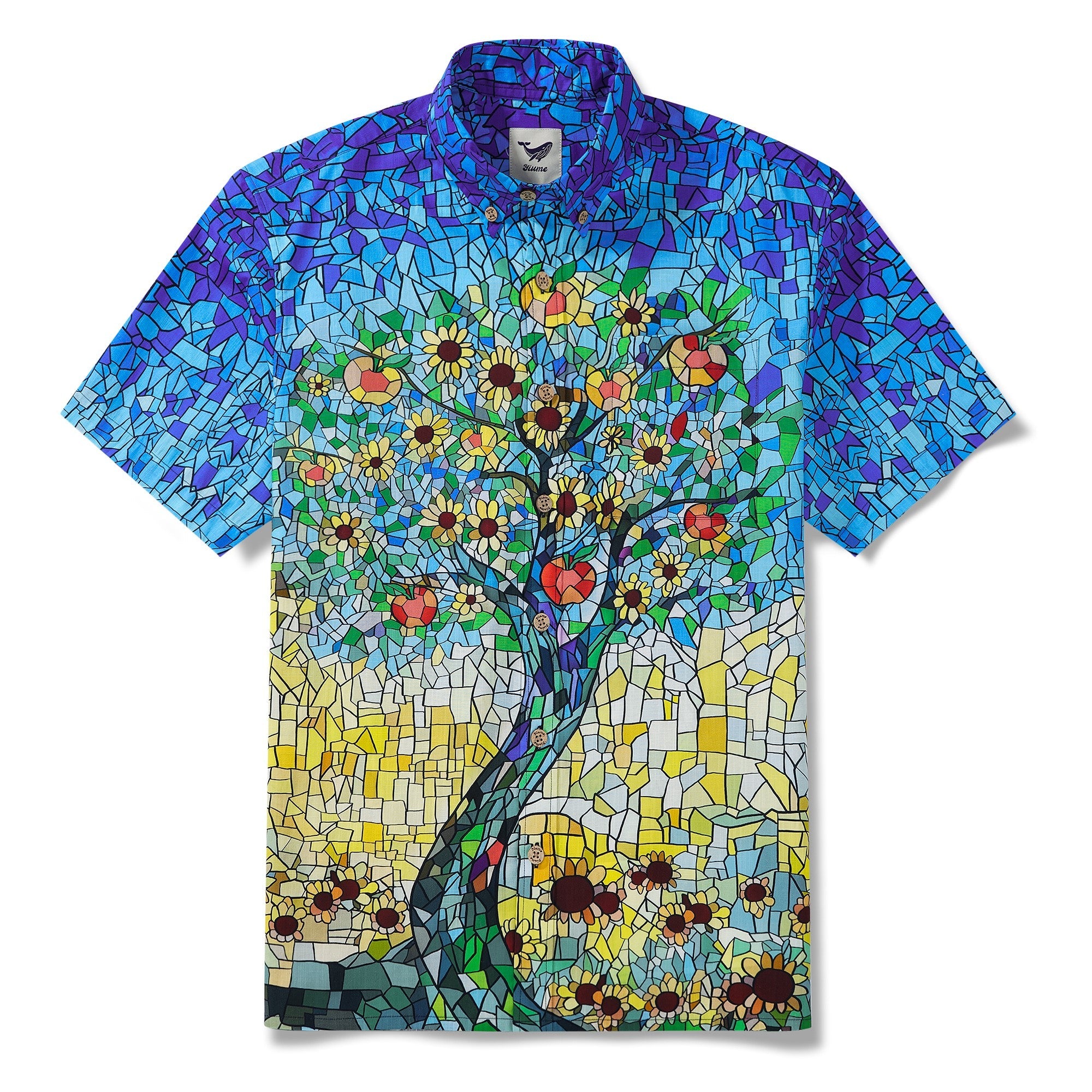Men's Hawaiian Shirt Short Sleeve Button-down 100% Cotton Blue Aloha Sunlit Glass Orchard