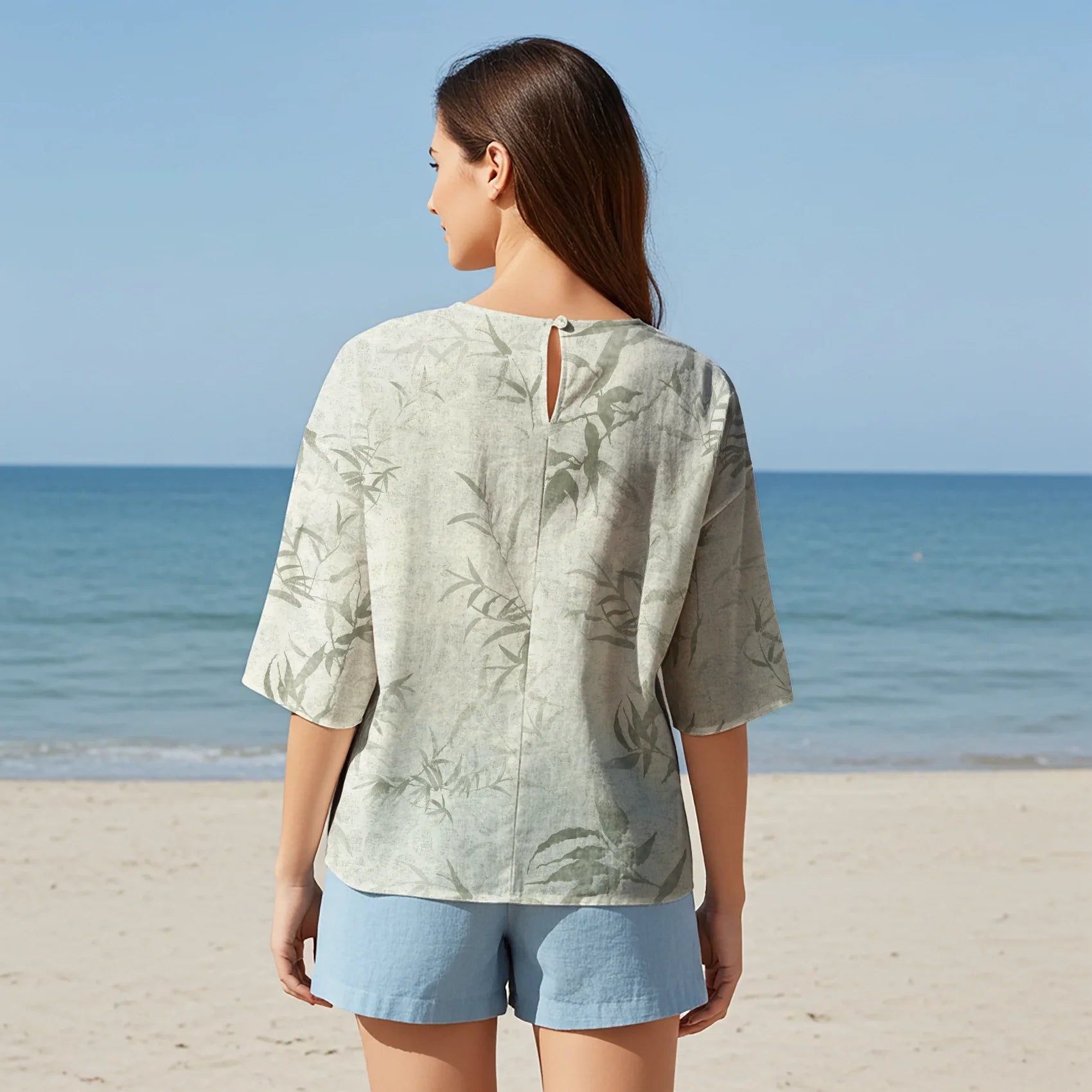 Women Casual Blouse Elbow Sleeve Round Neck Button-Back 95% Tencel, 5% Linen Green Aloha Misty Green Leaves