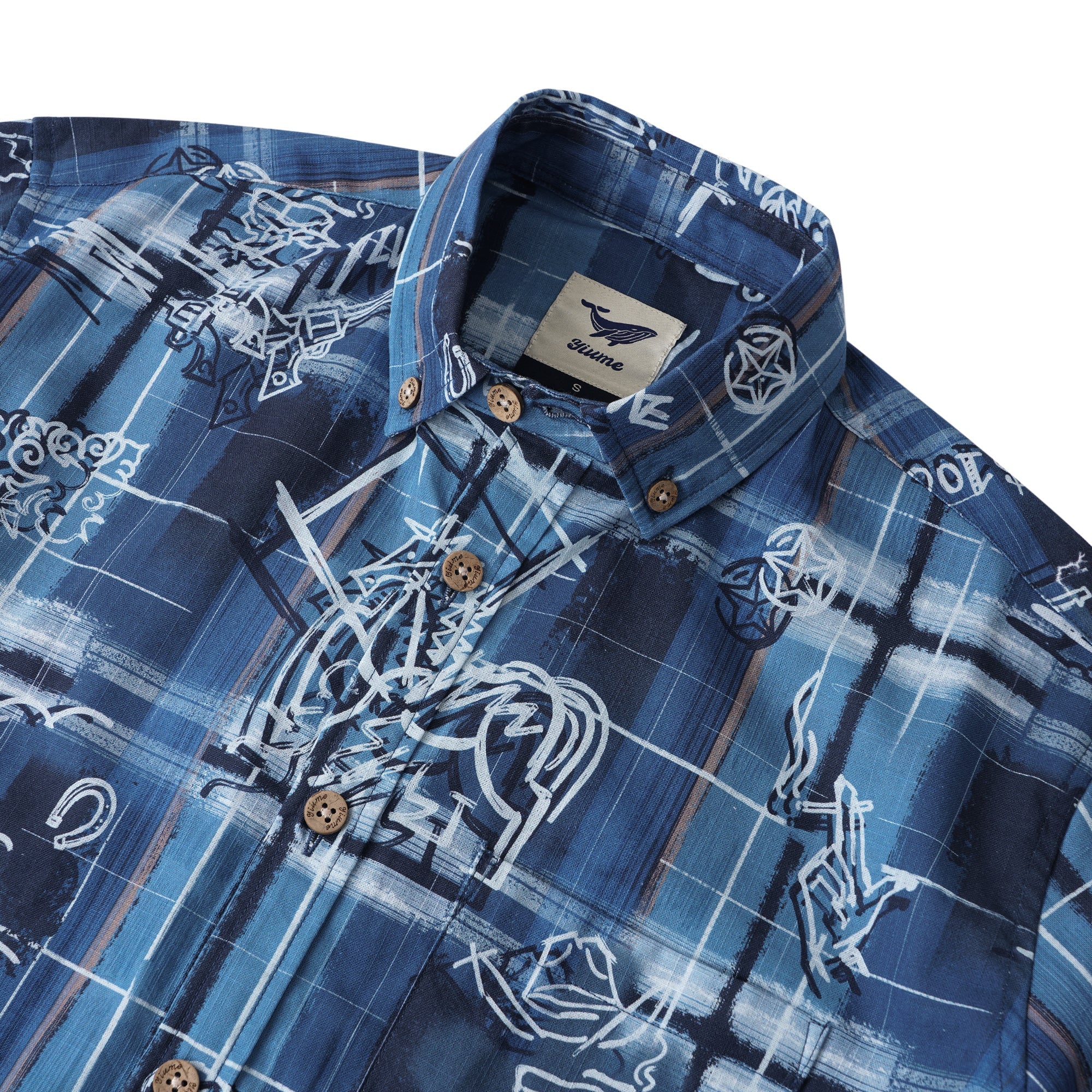 Vintage Graffiti Plaid 100% Cotton Men's Long Sleeve Button-down Shirt Blue Aloha Hawaiian