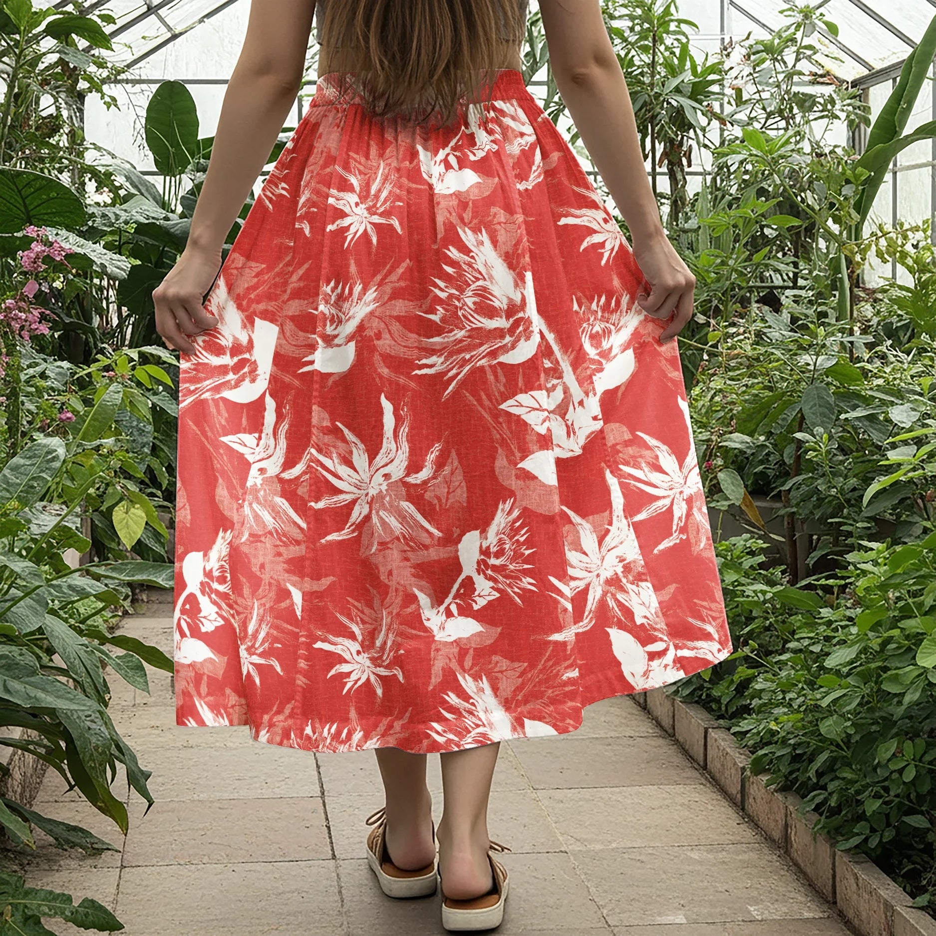 Women Casual Maxi Skirt Long Elastic Waist with Pockets 100% Cotton Red Aloha Crimson Floral Print