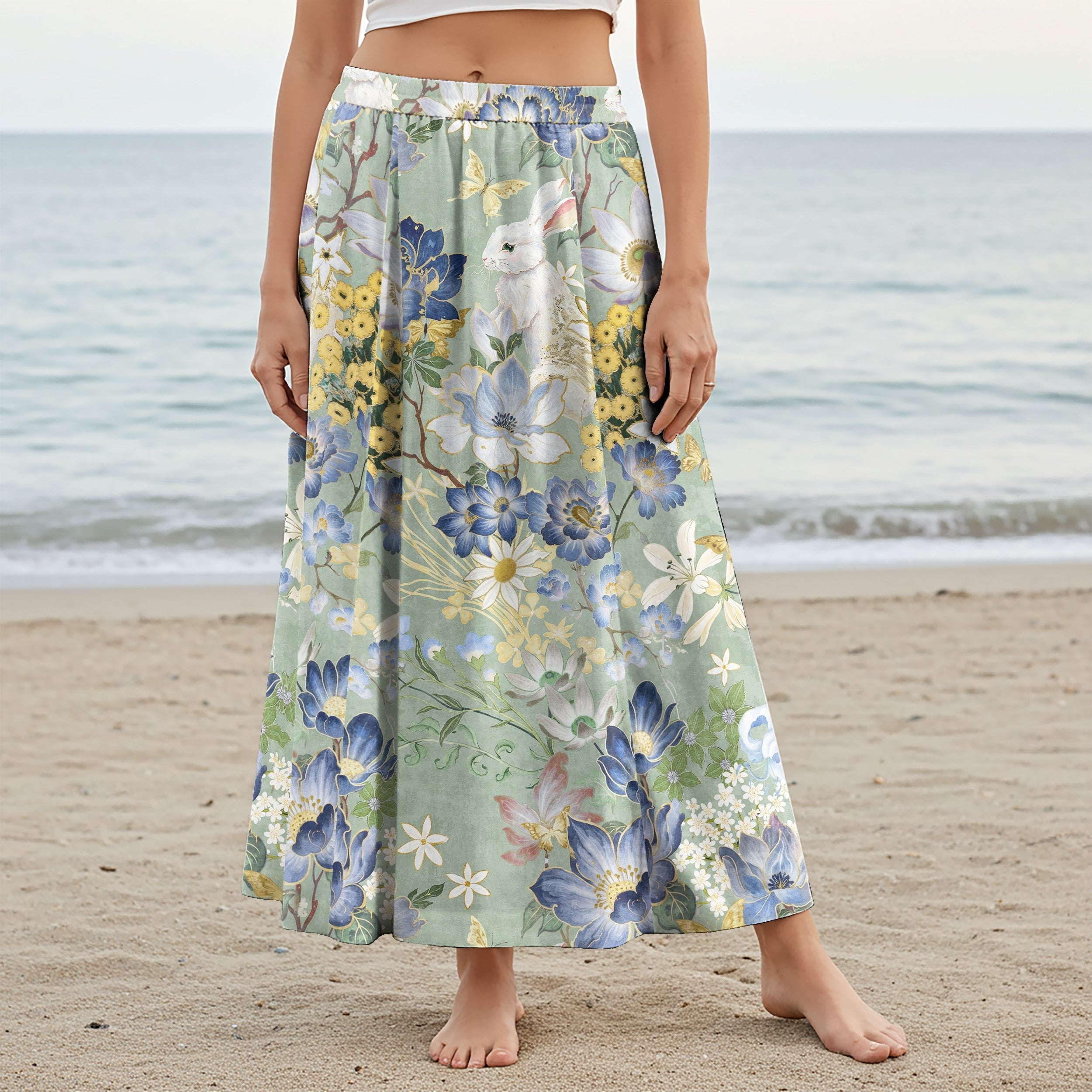 Women Casual Maxi Skirt Long Elastic Waist with Pockets 100% Cotton Aloha Whimsical Green Elegance