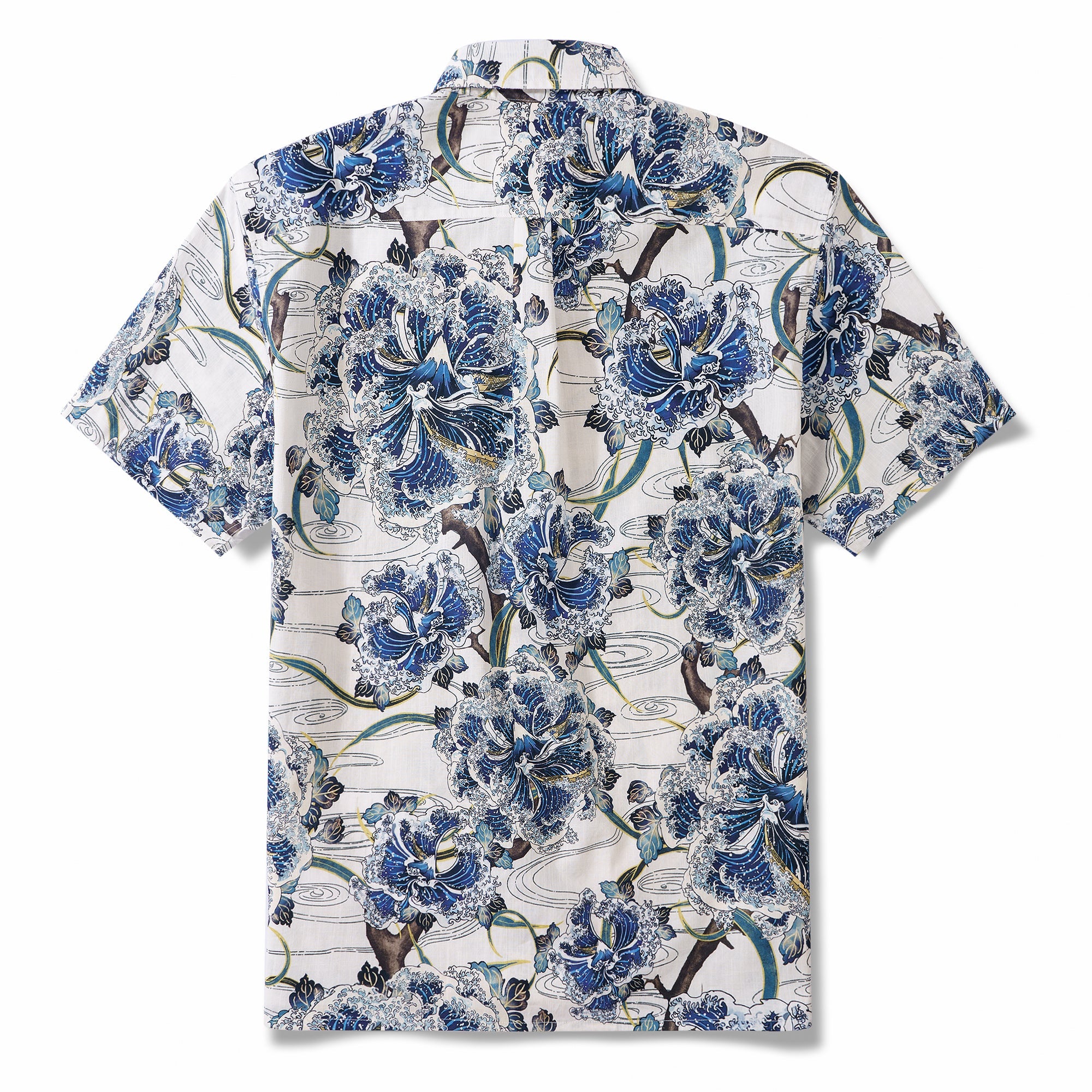 Ocean Waves on Branches 100% Cotton Men's Short Sleeve Button-down collar Shirt White Aloha Hawaiian