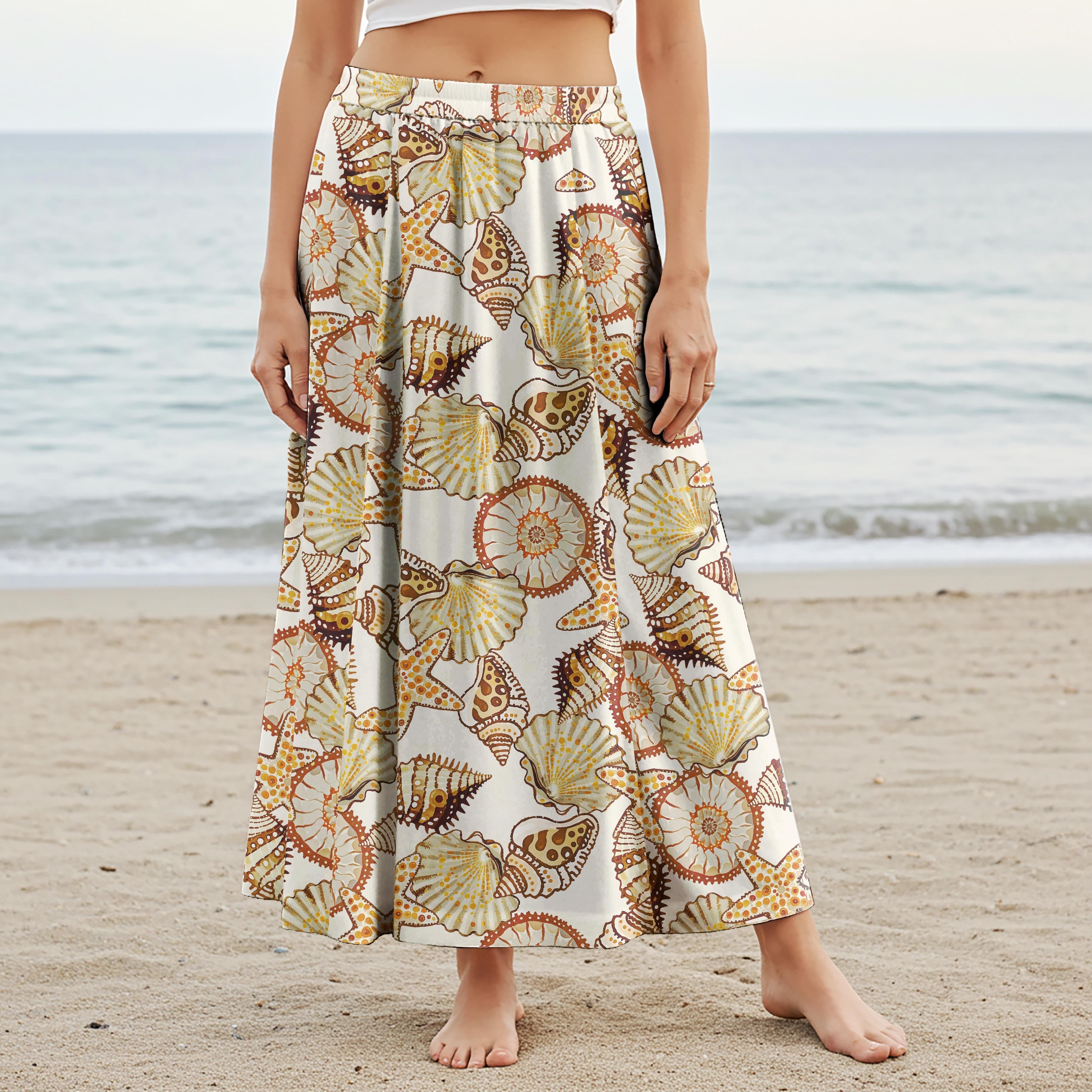 Women Casual Maxi Skirt Long Elastic Waist with Pockets 100% Cotton Yellow Aloha Shell Serenade