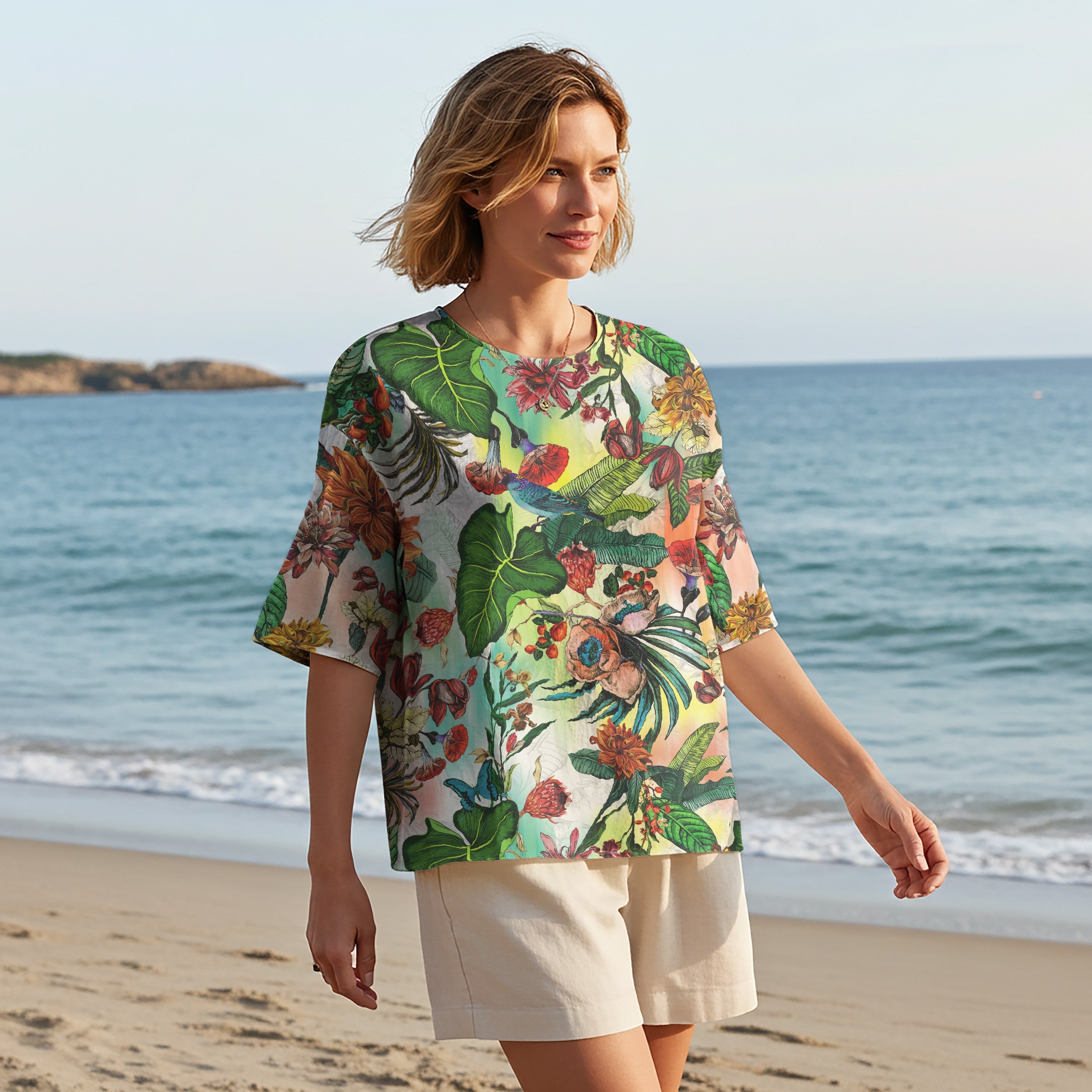 Women Casual Blouse Elbow Sleeve Round Neck Button-Back 95% Tencel, 5% Linen Green Aloha Tropical Floral Fantasy