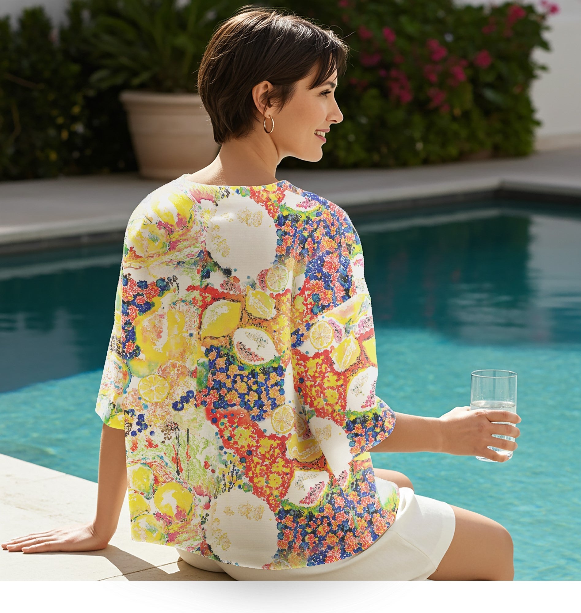 Women Casual Blouse 3/4 Sleeve Round Neck 76% Tencel, 24% Nylon Yellow Aloha Fresh Fruit Fiesta