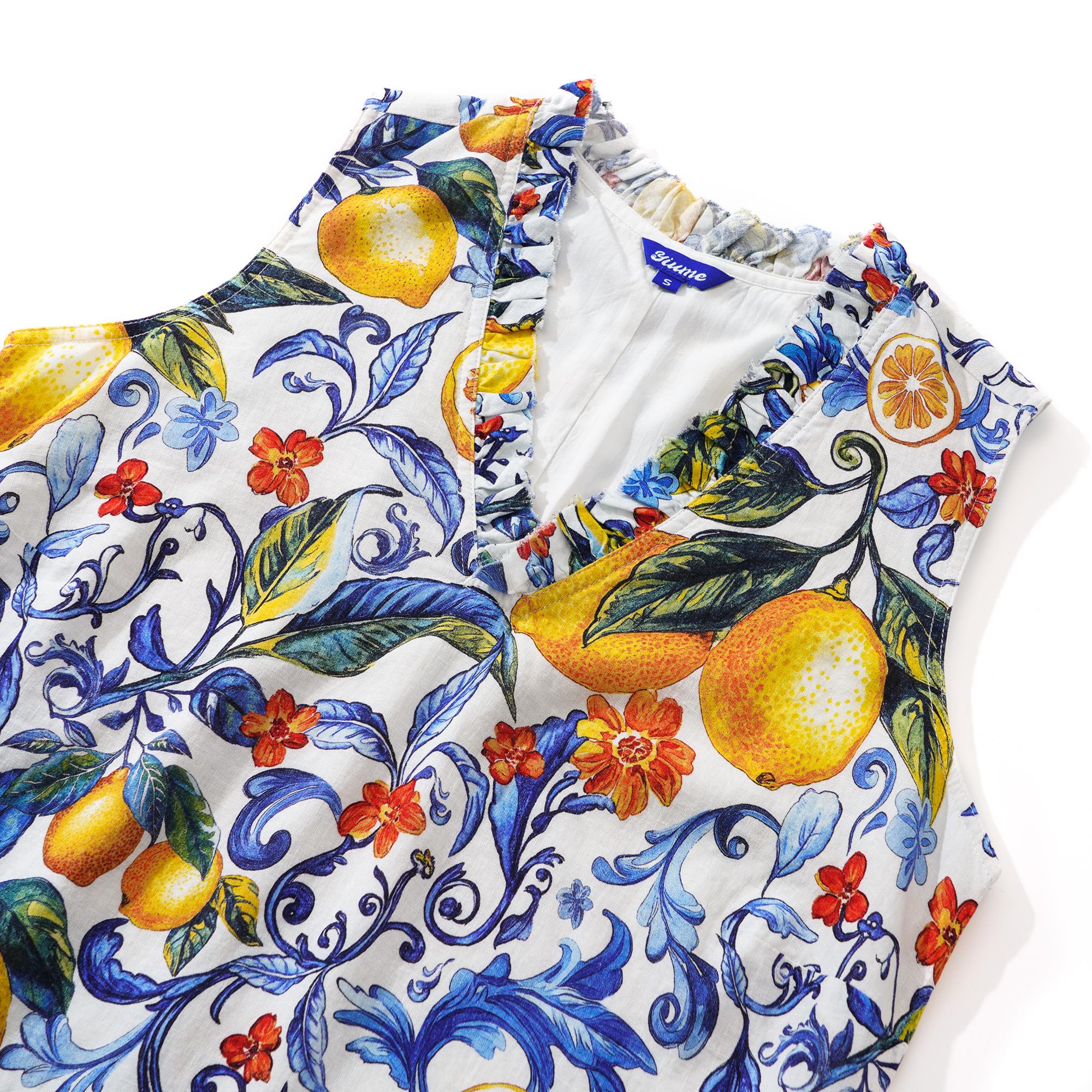 Women's Hawaiian Dress Sleeveless V-neck 55% Linen 45% Rayon Blue Aloha Sicilian Lemon