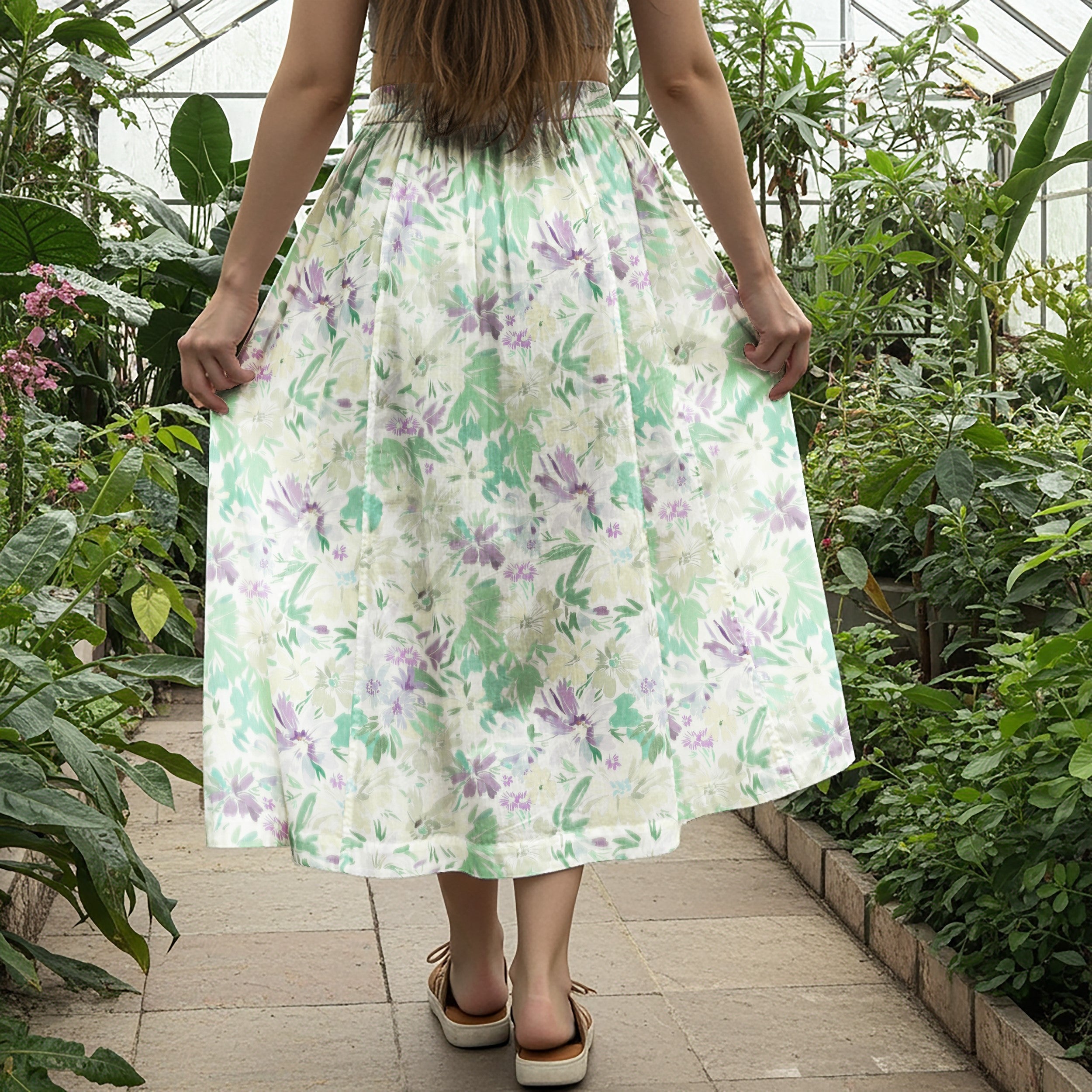 Women Casual Maxi Skirt Long Elastic Waist 100% Cotton Green Aloha Misty Floral Whirlpool