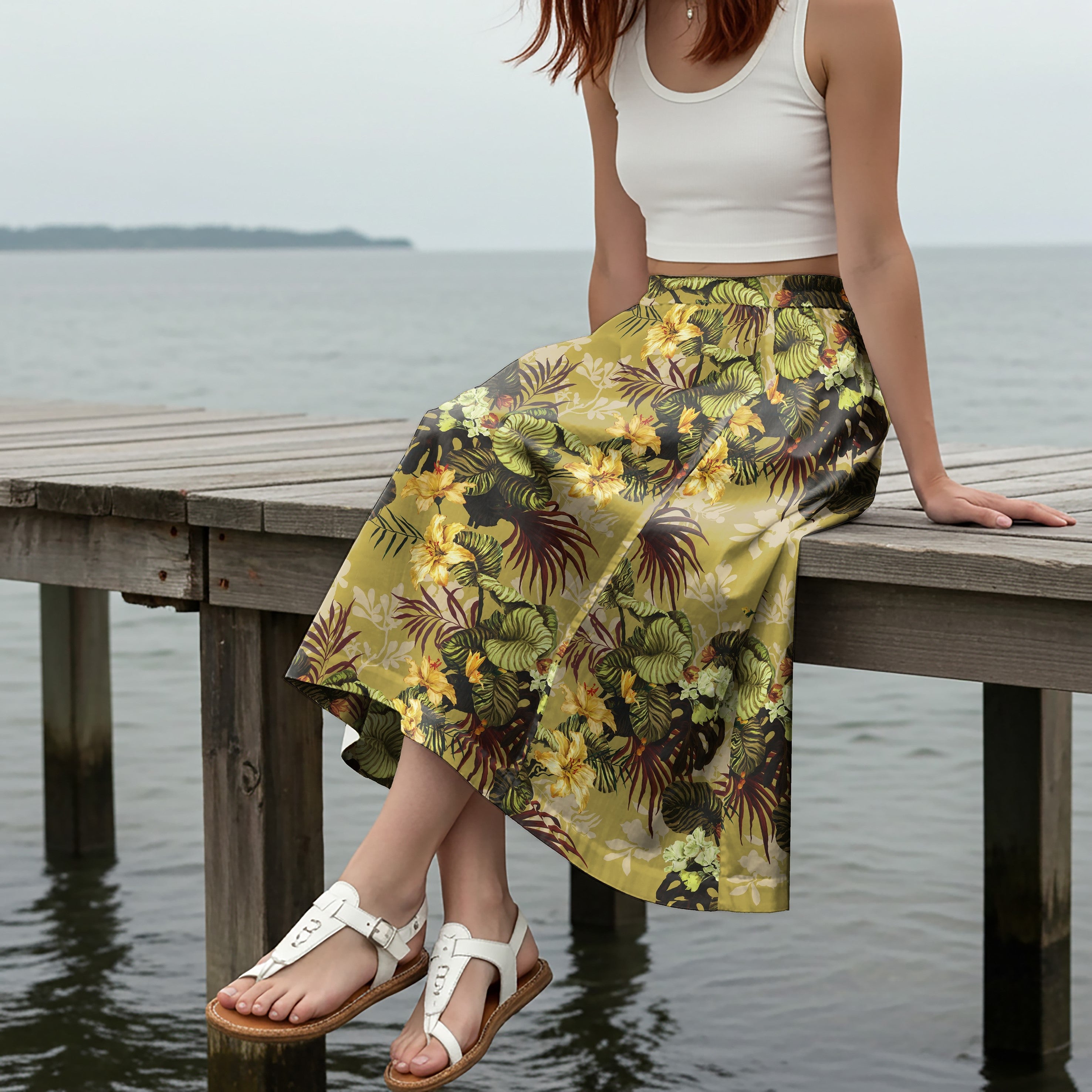 Women Casual Maxi Skirt Long Elastic Waist with Pockets 100% Cotton Yellow Aloha Warm Brown Tropical Floral Silhouette