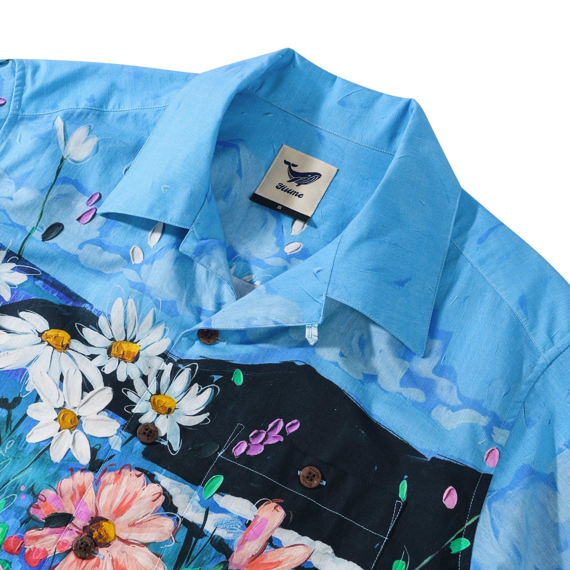 By Katie Leigh Stewart 100% Cotton Men's Short Sleeve Camp Collar Shirt Blue Aloha Hawaiian