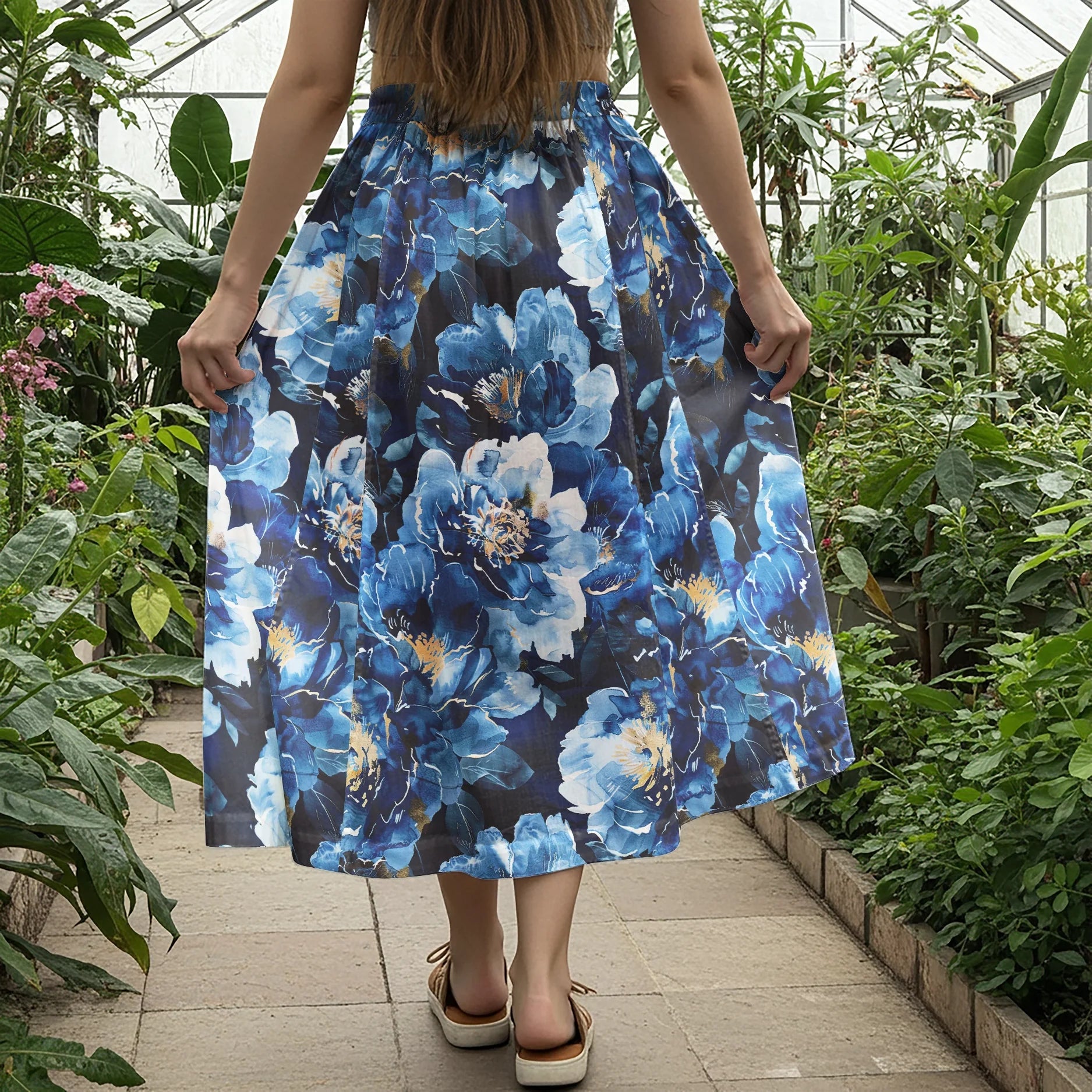 Women Casual Maxi Skirt Long Elastic Waist with Pockets 100% Cotton Blue Aloha Midnight Blossom