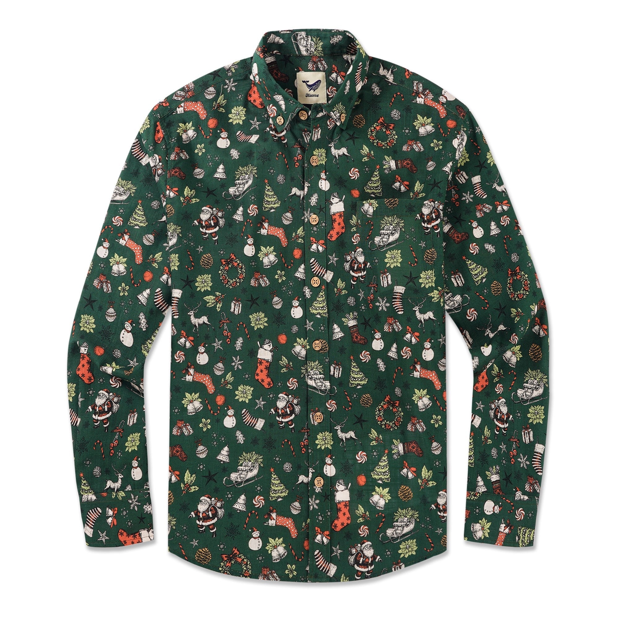 Men's Hawaiian Shirt Long Sleeve Button-down 100% Cotton Aloha Classic Christmas