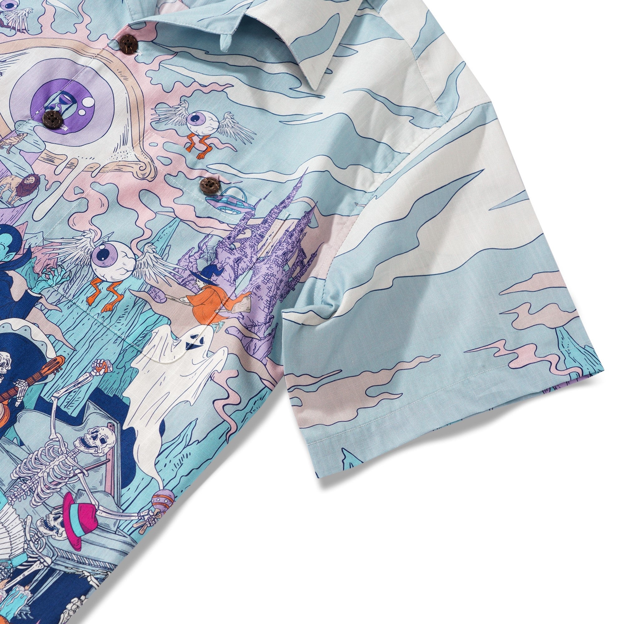 Men's Hawaiian Shirt Short Sleeve Camp Collar 100% Cotton White Aloha Midnight Halloween/Dante's Halloween