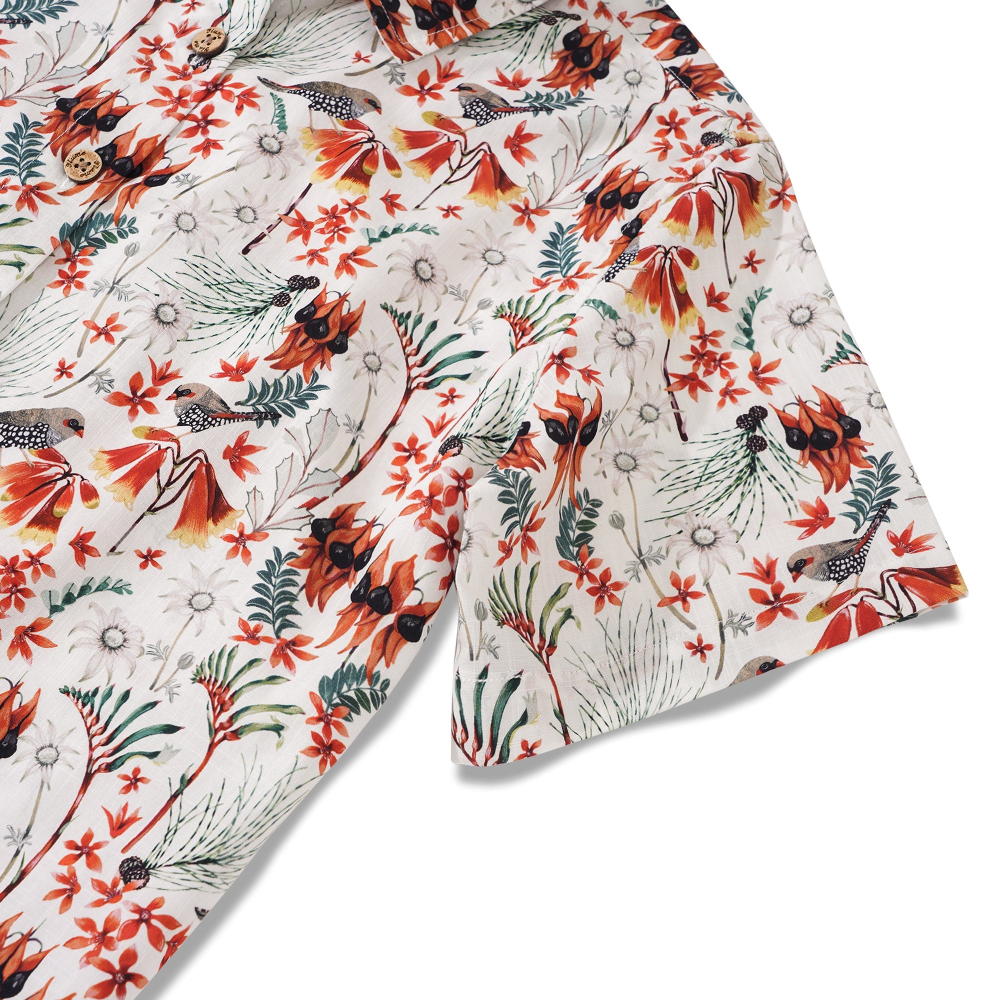 Women's Hawaiian Shirt Short Sleeve Button-up 100% Cotton Green Aloha Firetail Finches By Eloise