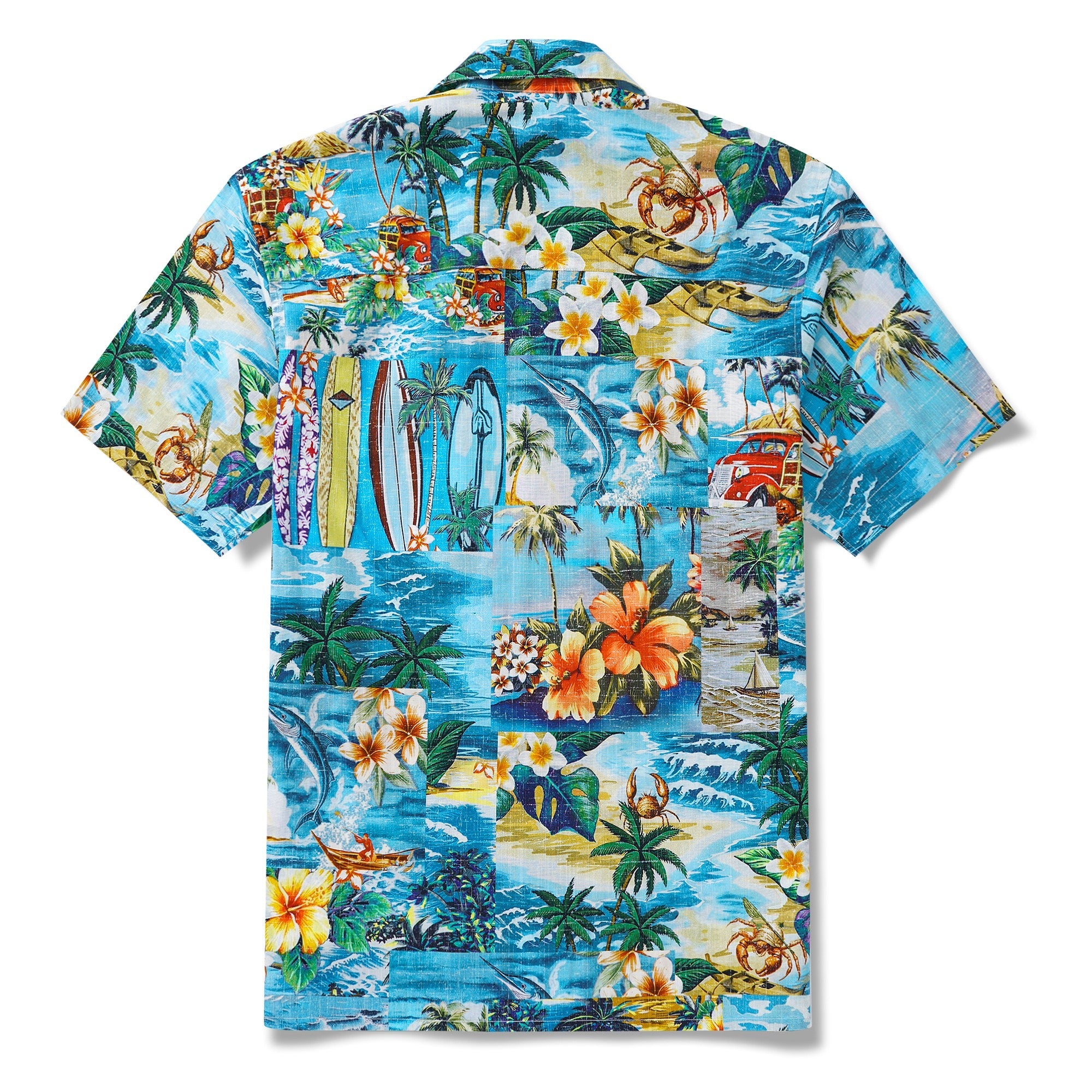 Men's Hawaiian Shirt Short Sleeve Camp Collar 100% Cotton Blue Aloha Hawaiian Beach Collage Art