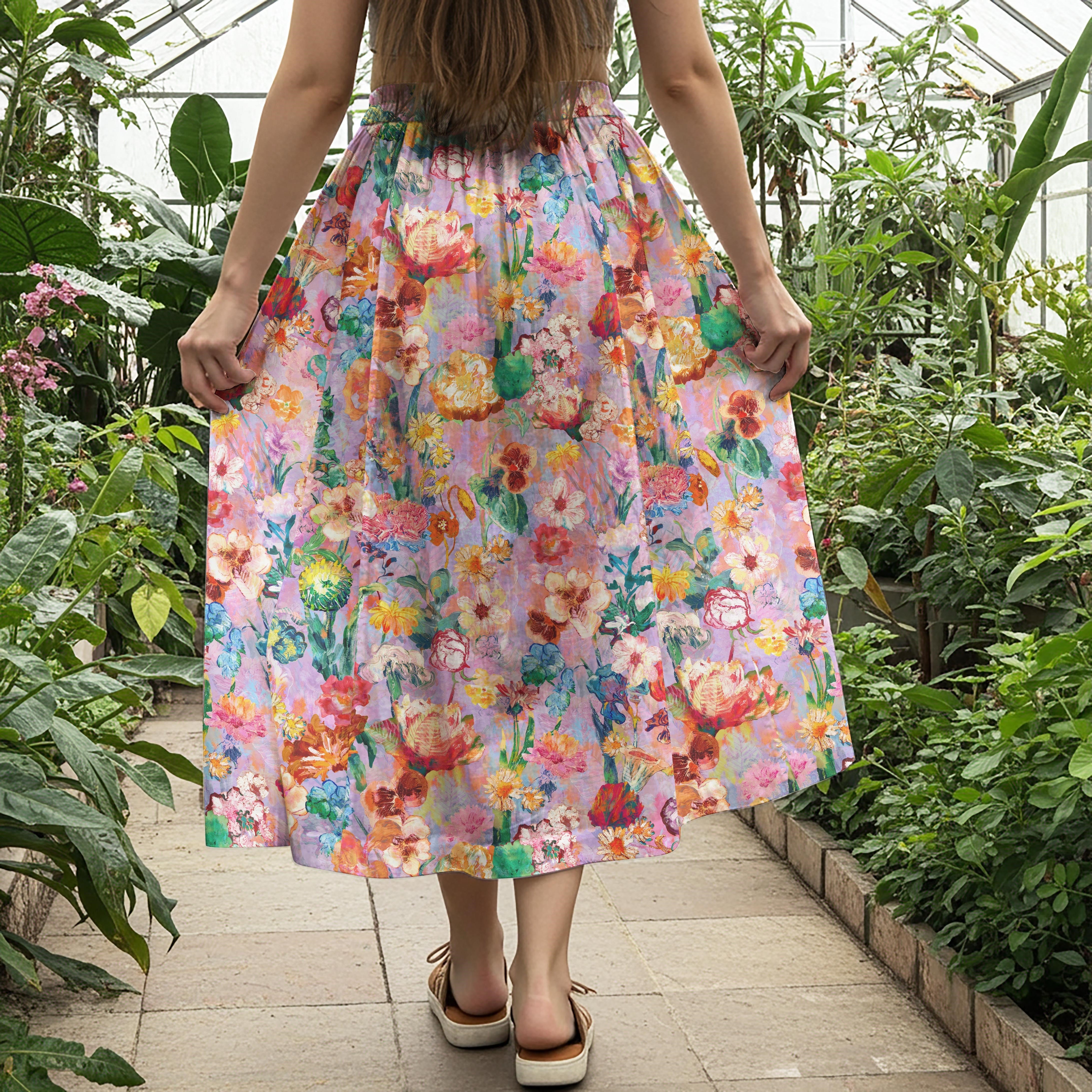 Women Casual Maxi Skirt Long Elastic Waist with Pockets 100% Cotton Yellow Aloha Whimsical Floral Carnival