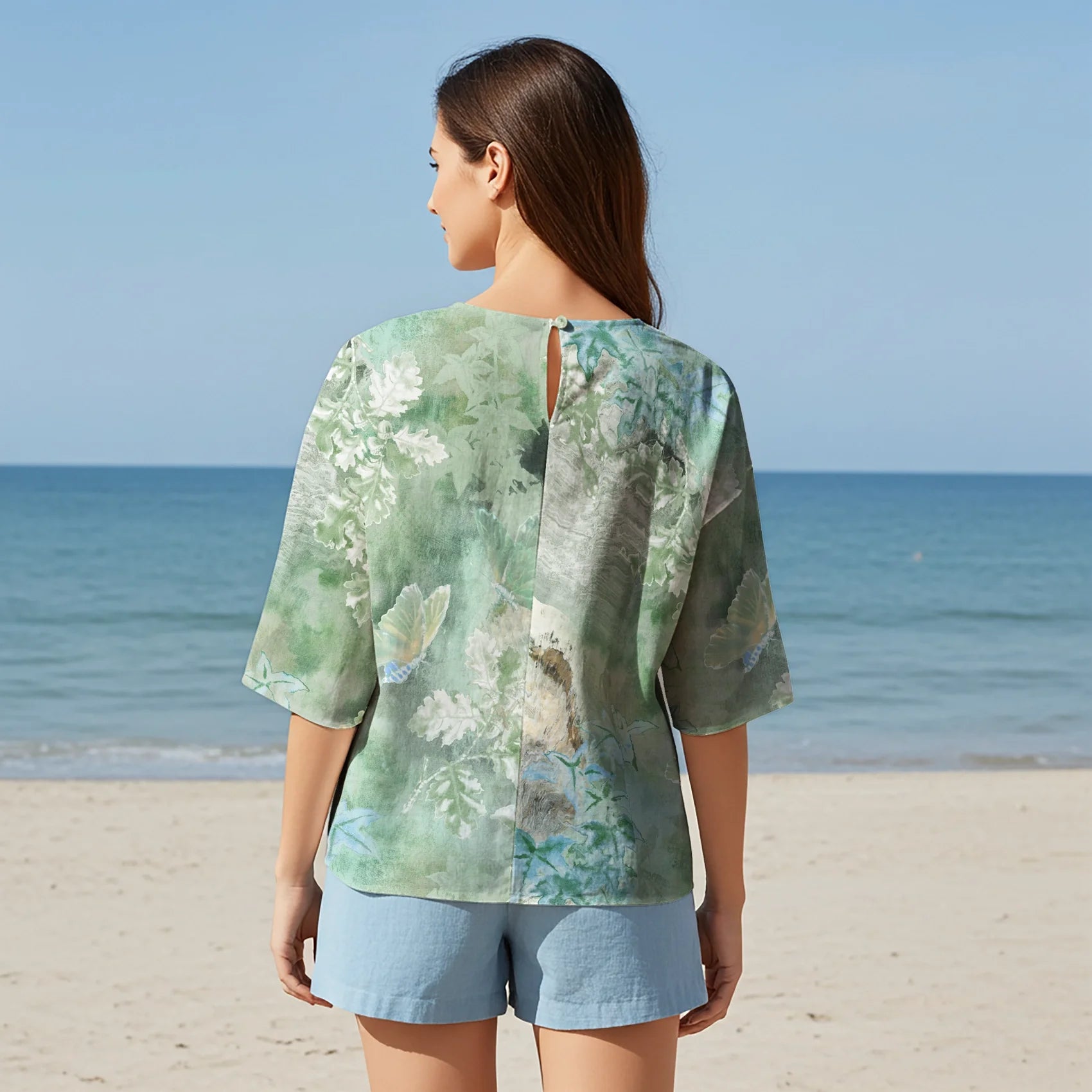 Women Casual Blouse Elbow Sleeve Round Neck Button-Back 95% Tencel, 5% Linen Green Aloha Forest Sprite
