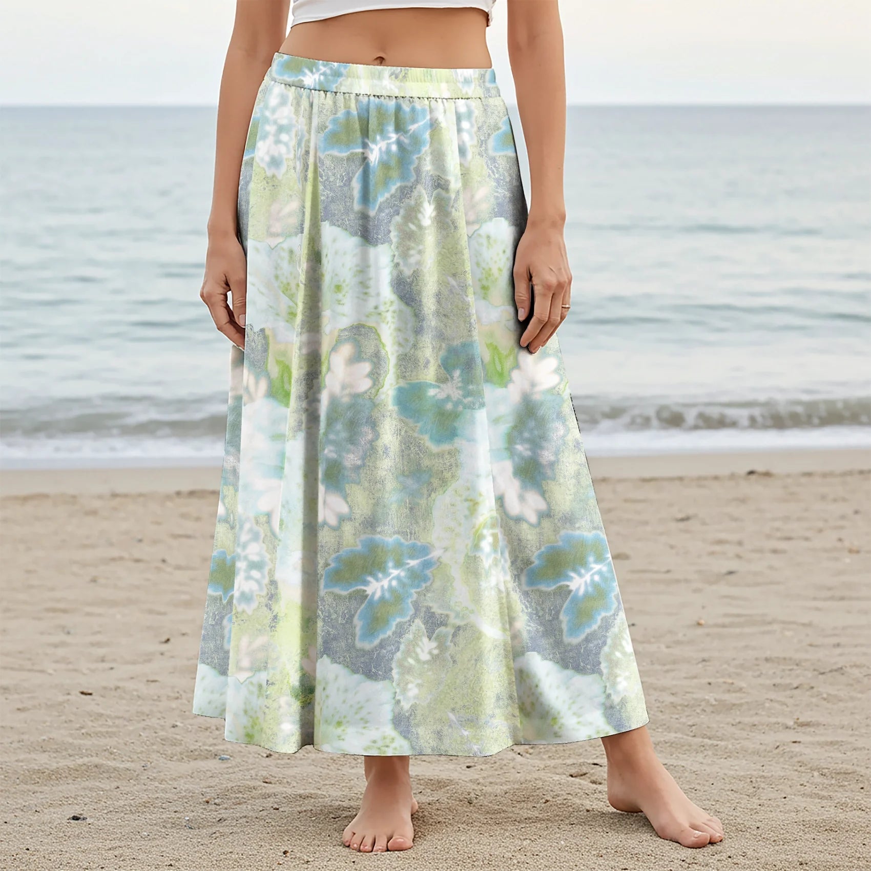 Women Casual Maxi Skirt Long Elastic Waist with Pockets 100% Cotton Green Aloha Ethereal Light And Leaves