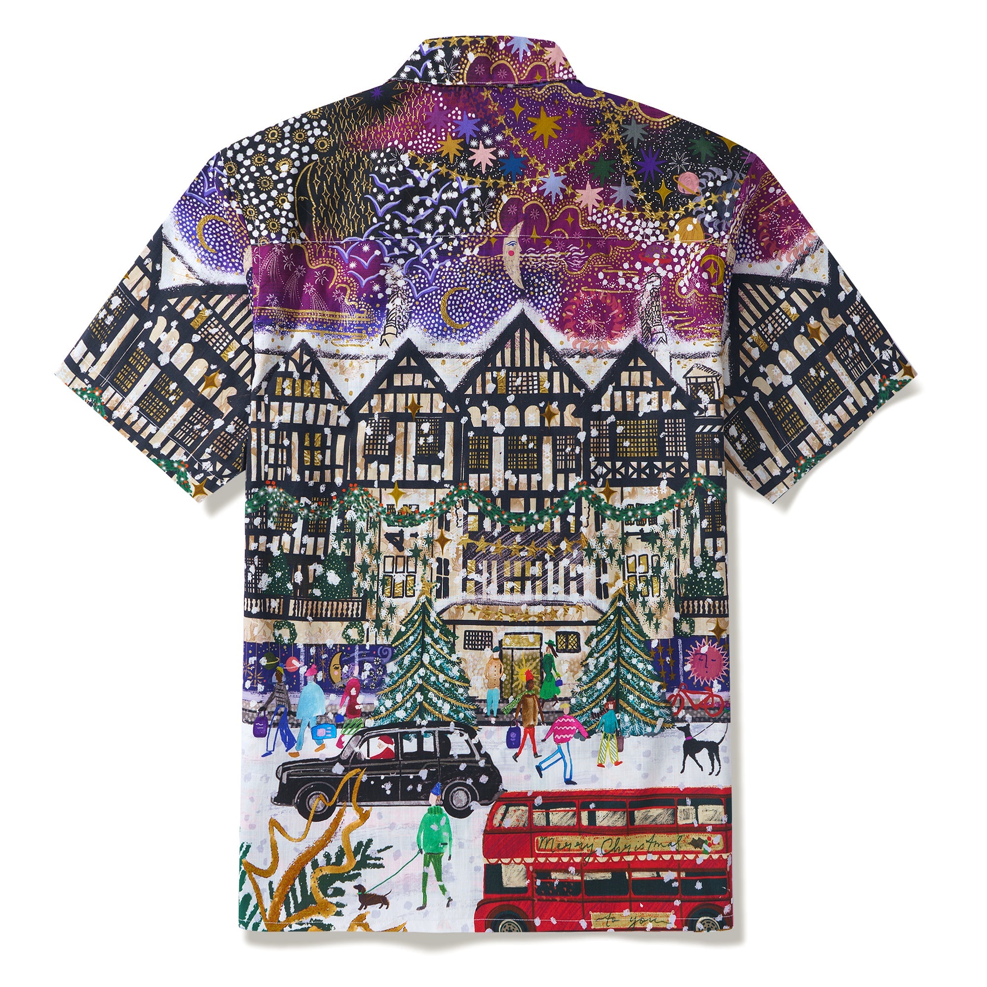 Christmas 100% Cotton Hawaiian Shirt For Men Cosmic Christmas in London By Emma Frances Grant Camp Collar Aloha Shirt