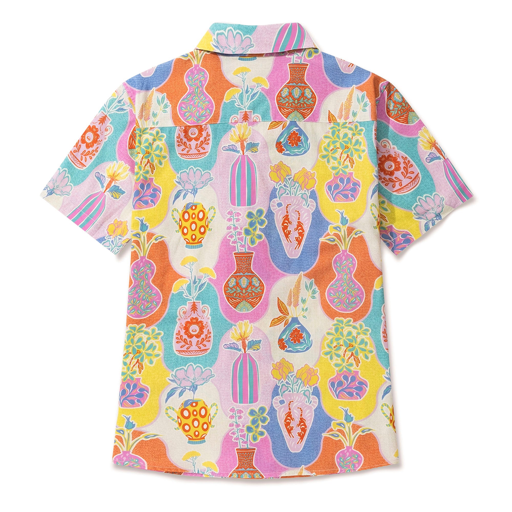 Women's Hawaiian Shirt Short Sleeve Camp Collar 100% Cotton Orange Aloha Colorful Kitschy Vases By Mona Ahmed