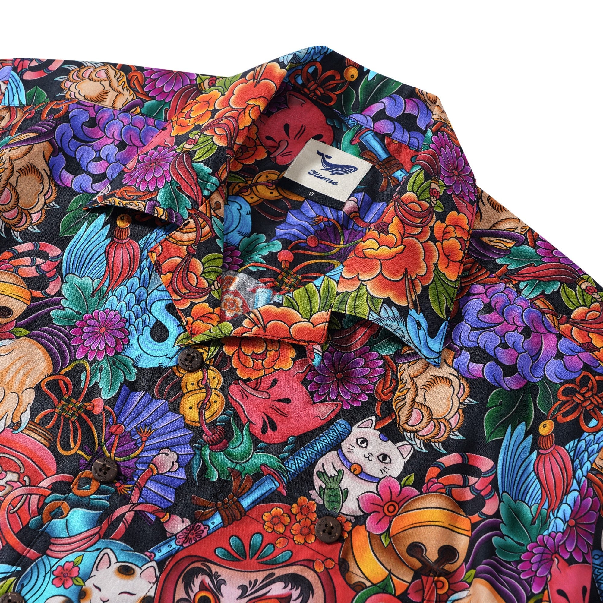 Men's Hawaiian Shirt Short Sleeve Camp Collar 100% Cotton Black Aloha Tokyo Whimsy By Geetanjali Behera, Gee