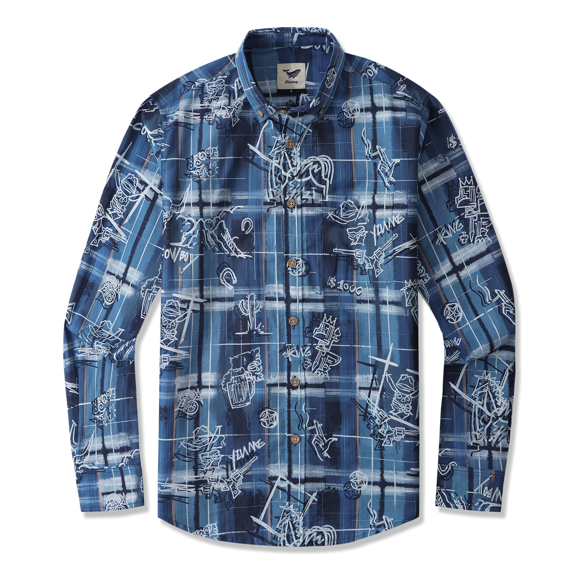 Vintage Graffiti Plaid 100% Cotton Men's Long Sleeve Button-down Shirt Blue Aloha Hawaiian