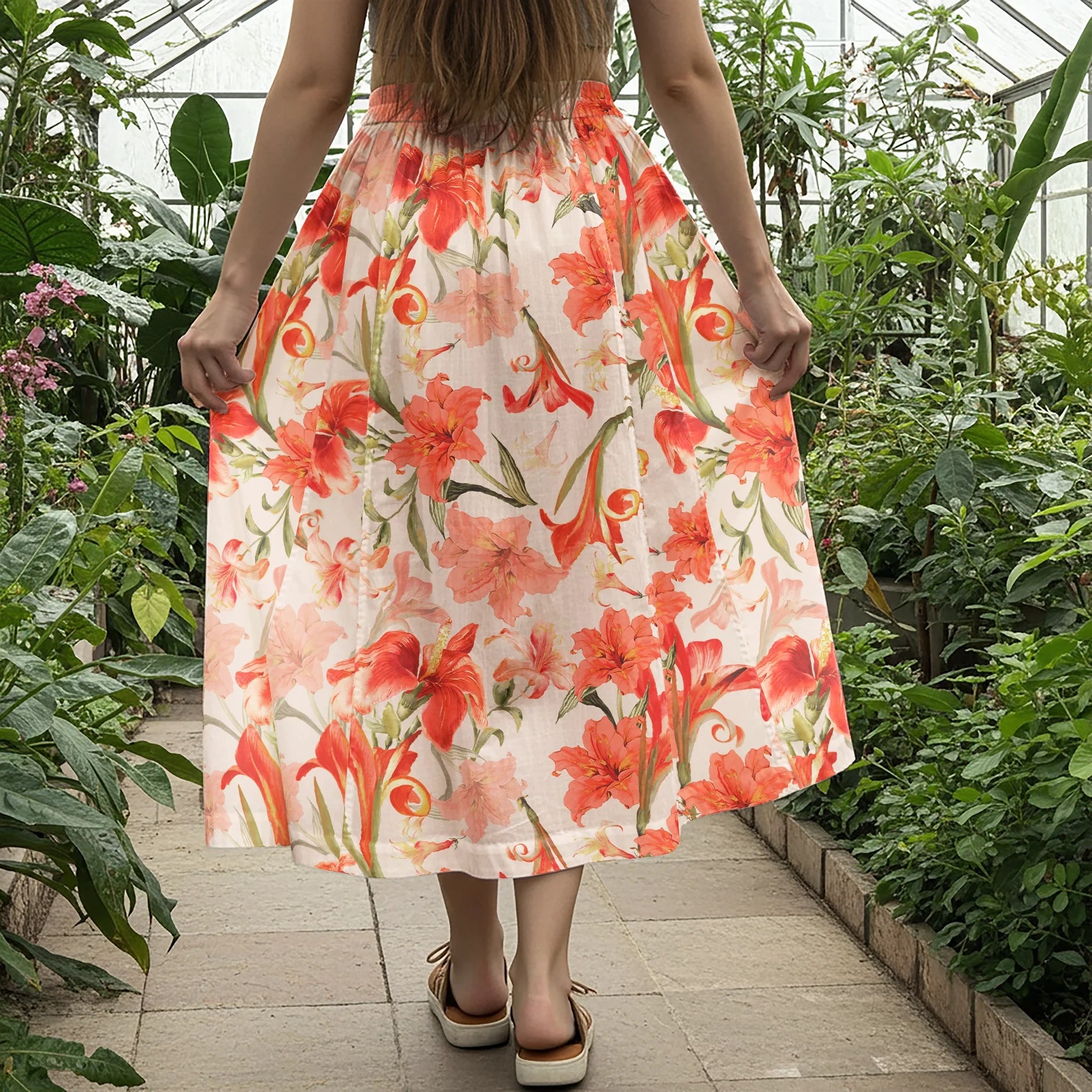Women Casual Maxi Skirt Long Elastic Waist with Pockets 100% Cotton Orange Aloha Vibrant Blooms