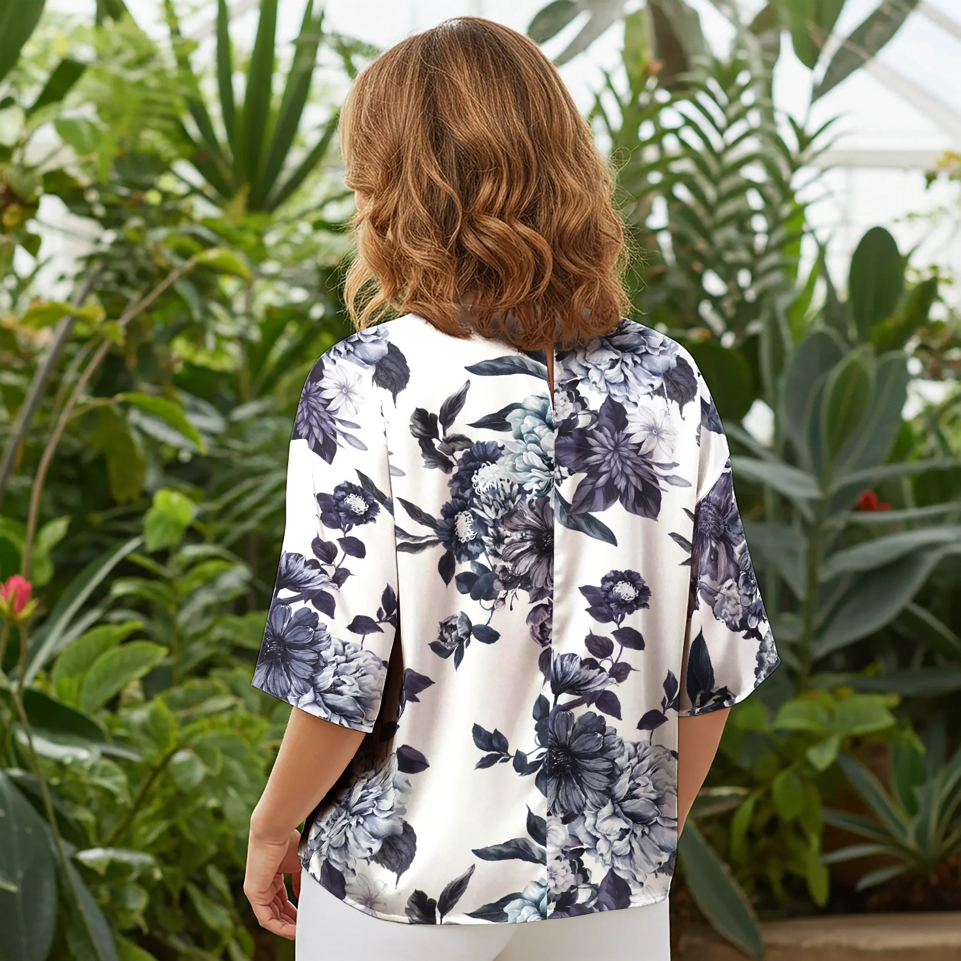Women Casual Blouse Elbow Sleeve Round Neck Button-Back 100% Lyocell Blue Aloha Dreams In Blue And Purple