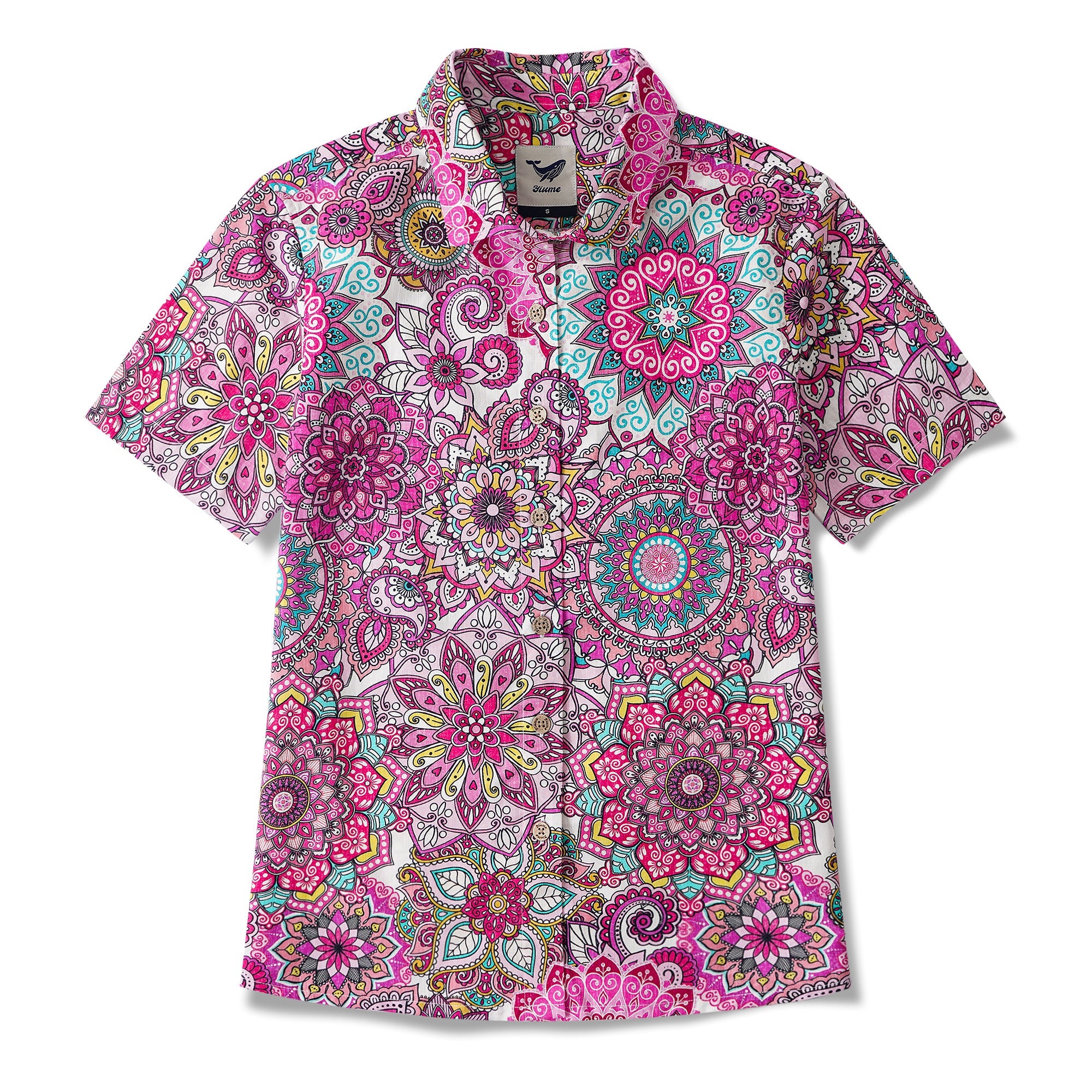 Pink Mandala 100% Cotton Women's Short Sleeve Button-up Shirt Red Aloha Hawaiian