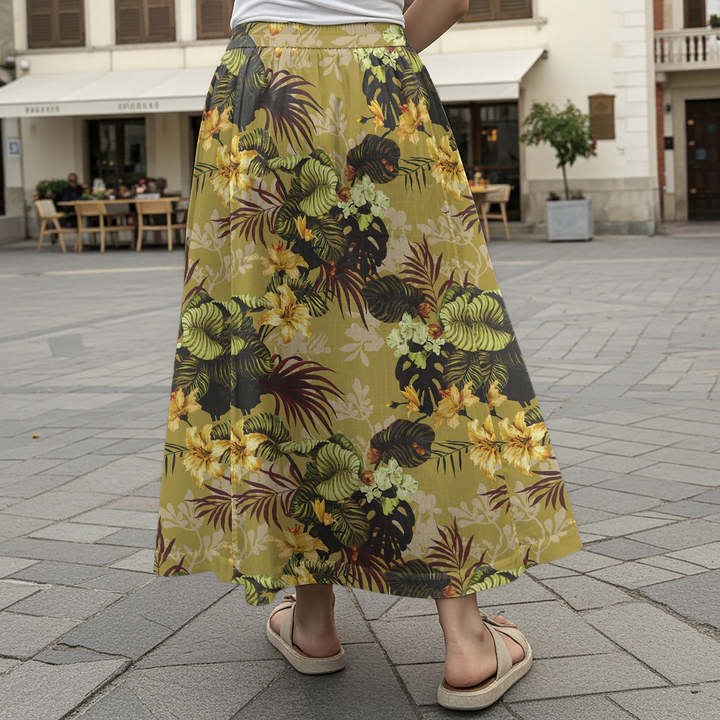 Women Casual Maxi Skirt Long Elastic Waist with Pockets 100% Cotton Yellow Aloha Warm Brown Tropical Floral Silhouette