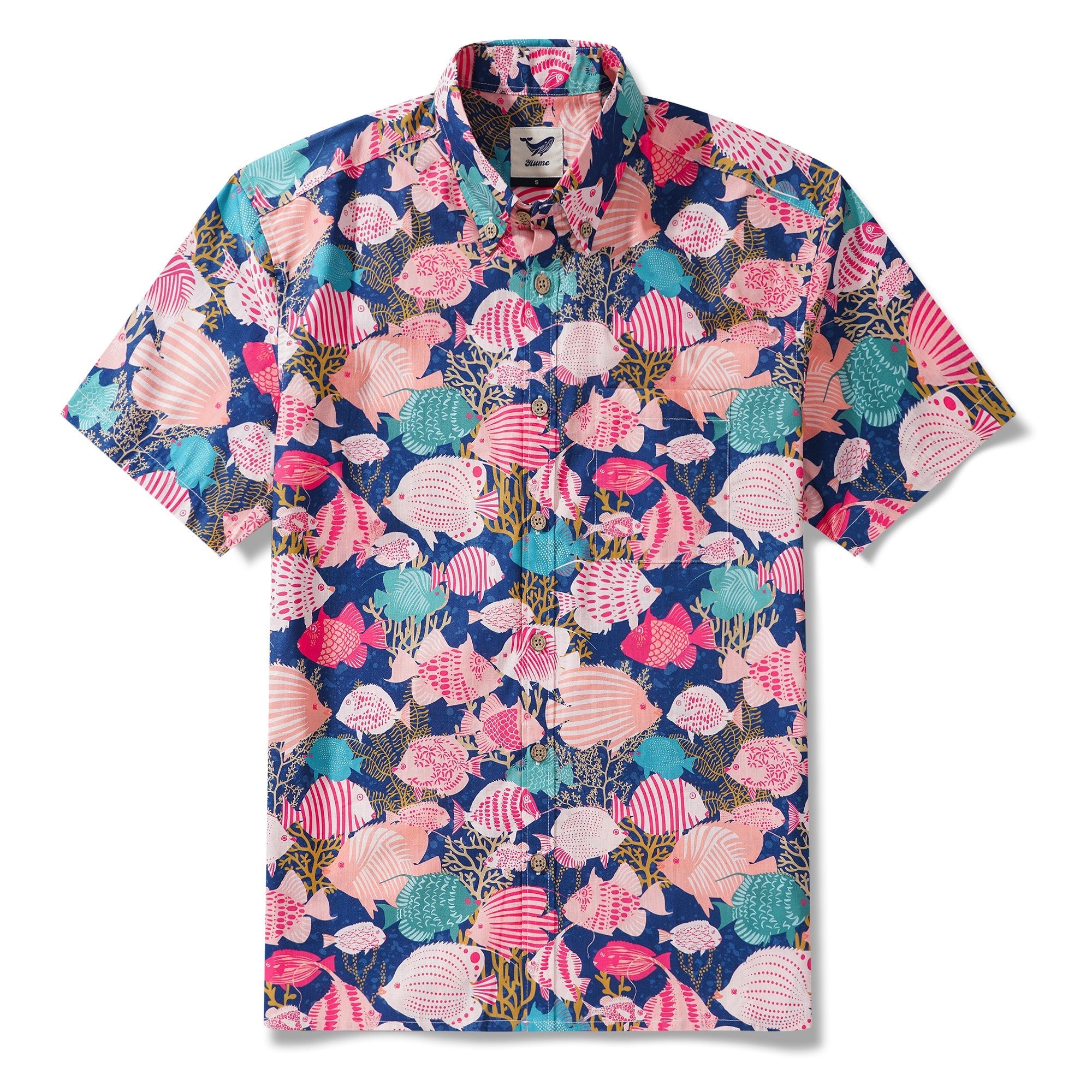 Men's Hawaiian Shirt Short Sleeve Button-down 100% Cotton Aloha Happy Fishes In The Coral Reef By Annick