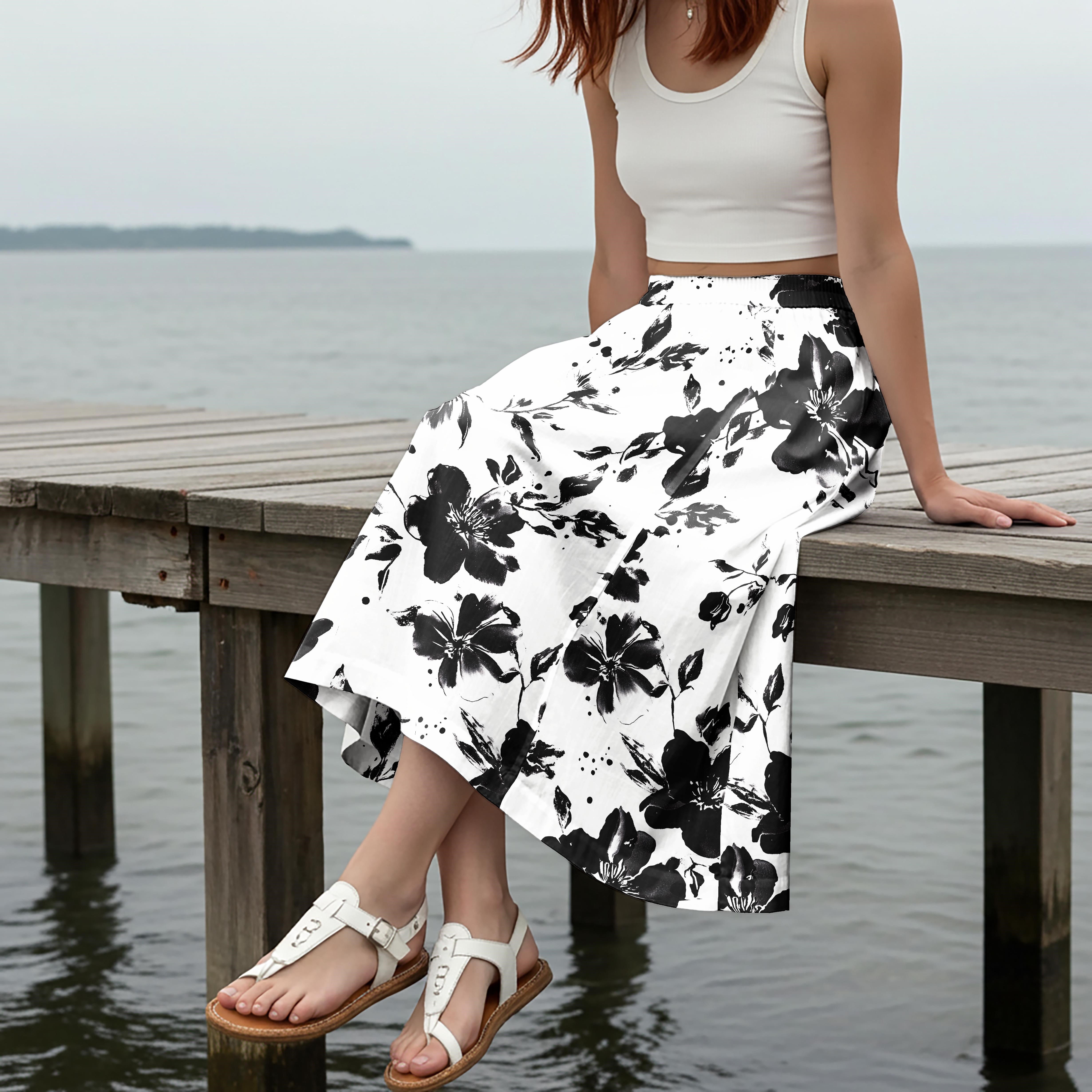 Women Casual Maxi Skirt Long Elastic Waist 100% Cotton Black Aloha Ink Essence