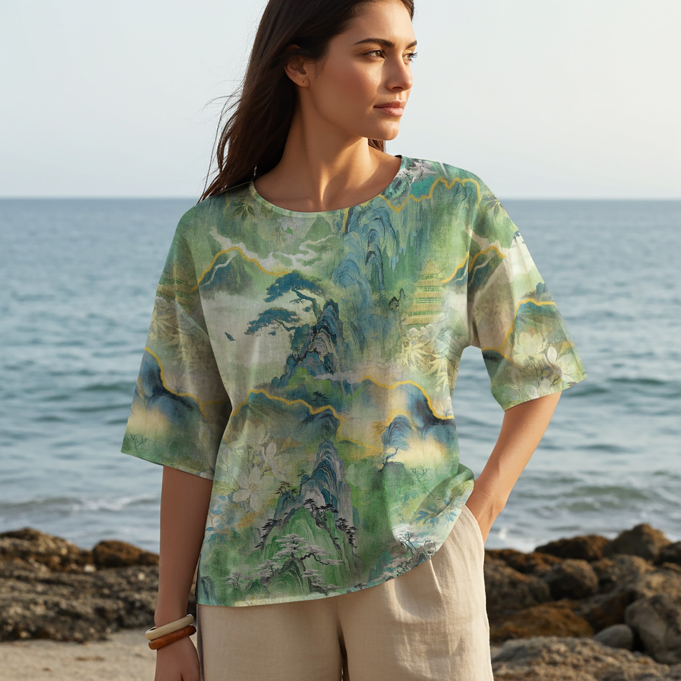 Women Casual Blouse Elbow Sleeve Round Neck Button-Back 95% Tencel, 5% Linen Green Aloha Emerald Enchanted Mountain Realm