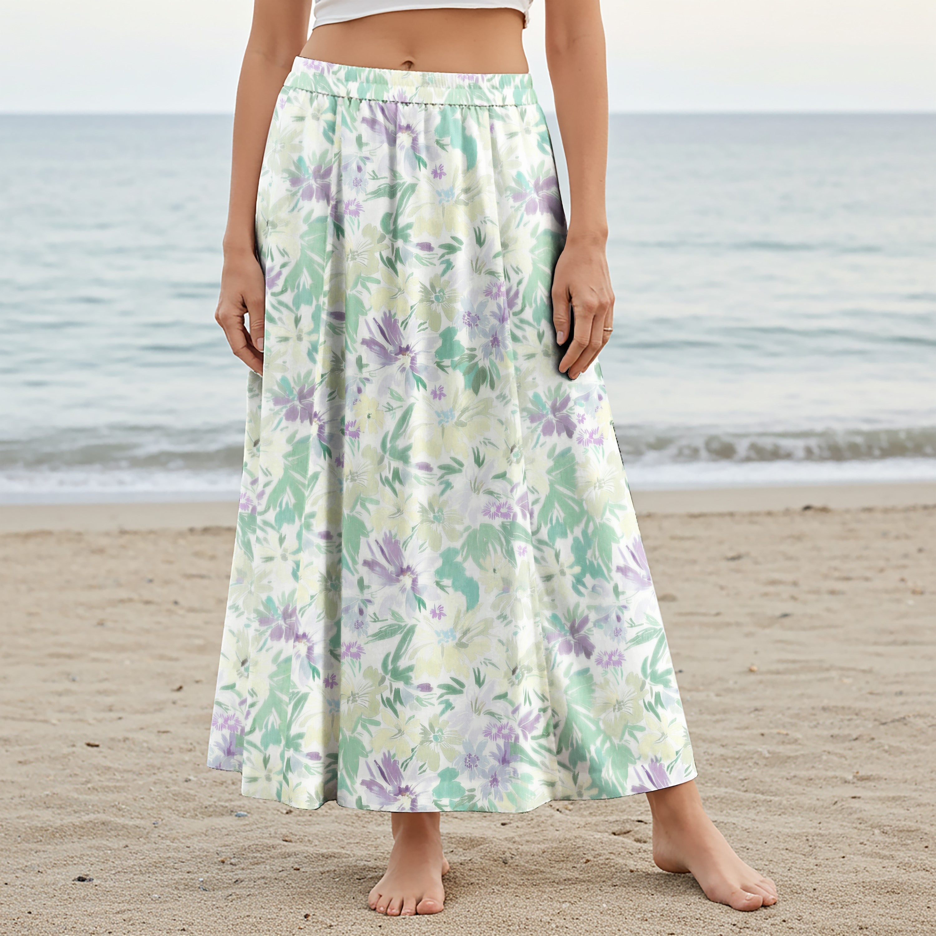 Women Casual Maxi Skirt Long Elastic Waist 100% Cotton Green Aloha Misty Floral Whirlpool