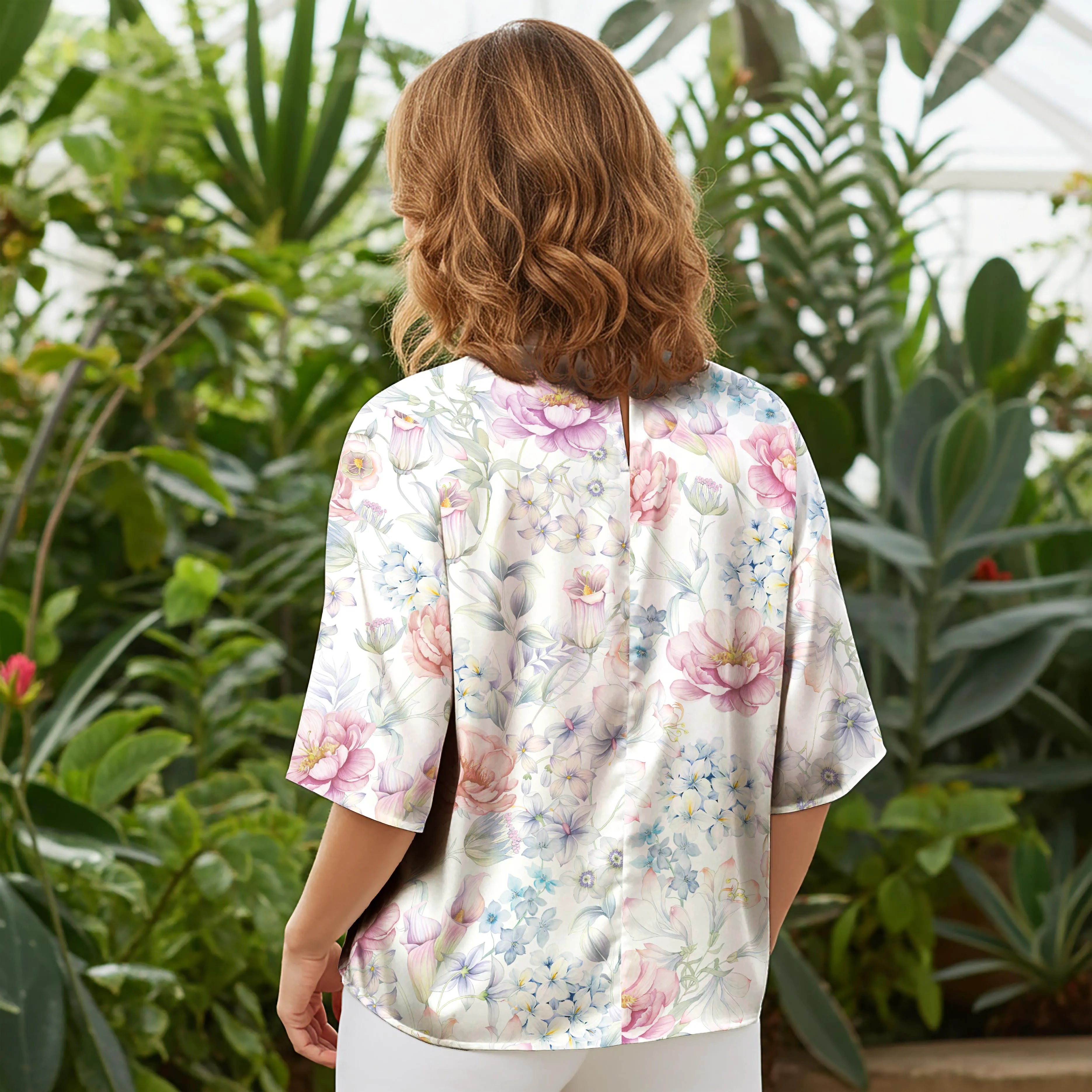 Women Casual Blouse Elbow Sleeve Round Neck Button-Back 100% Lyocell Blue Aloha Elegant Flora Whispers