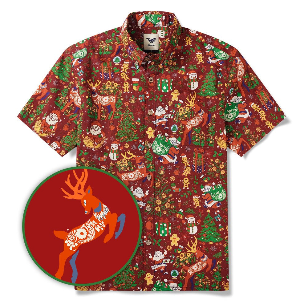 Men's Hawaiian Shirt Short Sleeve Button-down 100% Cotton Red Aloha Christmas Essence