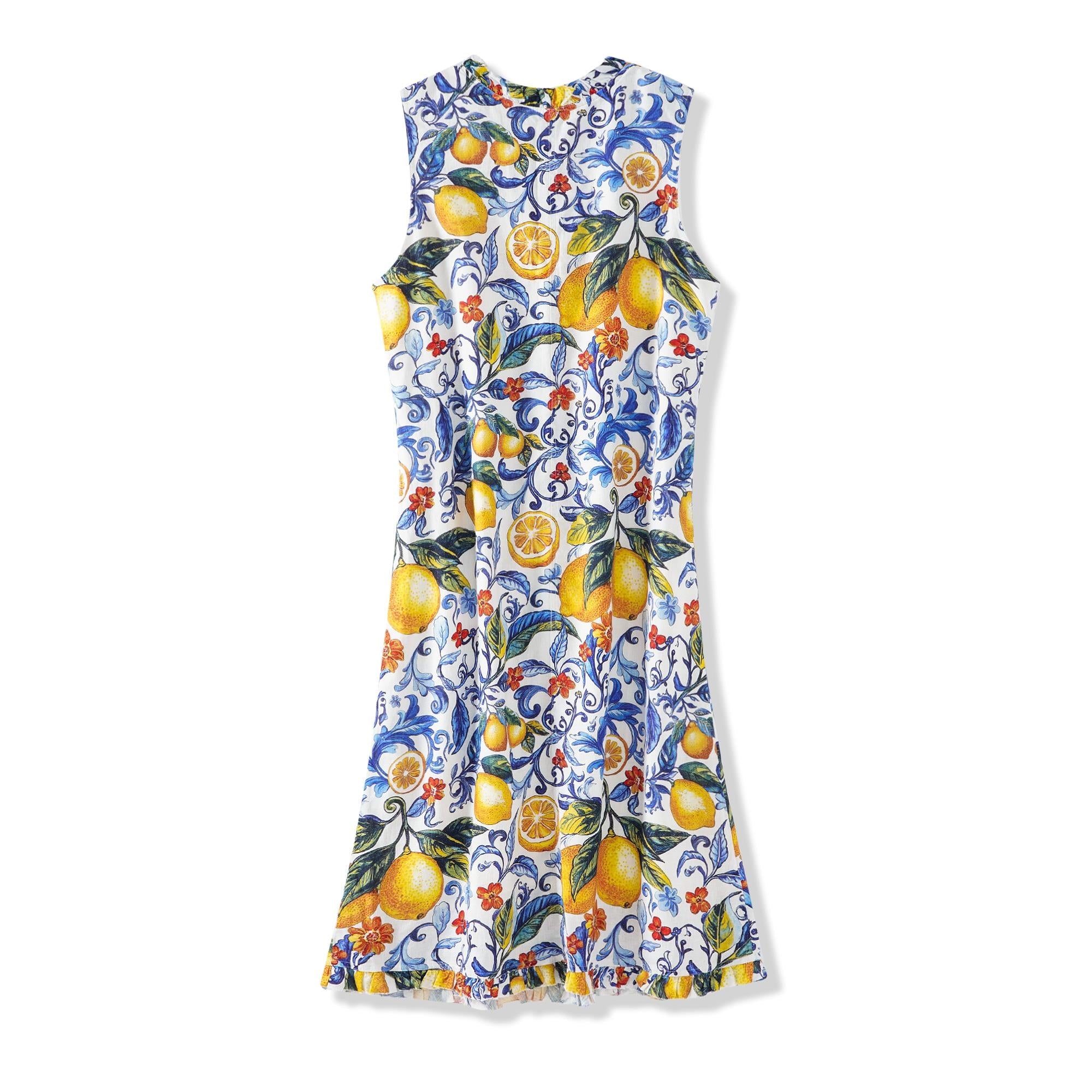 Women's Hawaiian Dress Sleeveless V-neck 55% Linen 45% Rayon Blue Aloha Sicilian Lemon