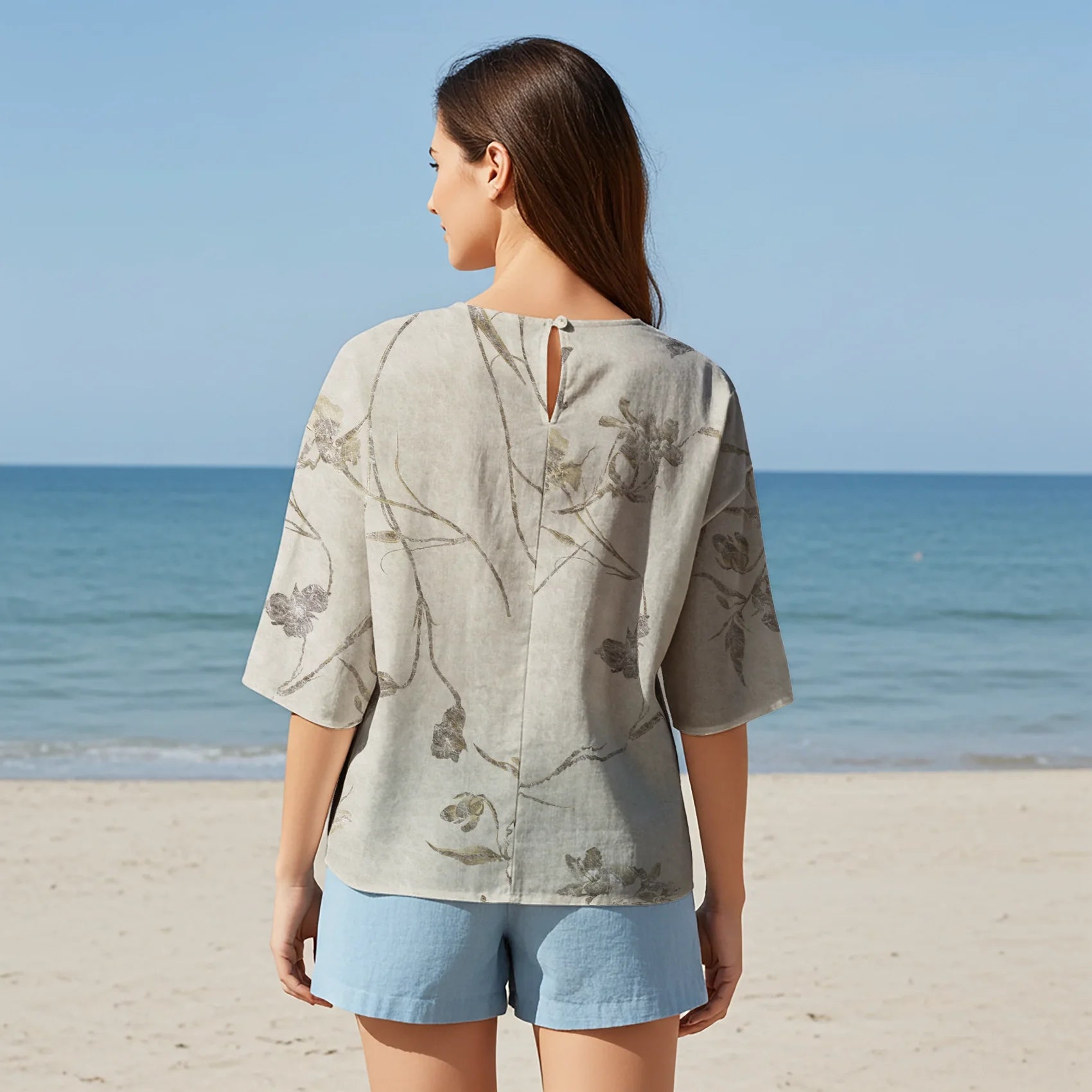 Women Casual Blouse Elbow Sleeve Round Neck Button-Back 95% Tencel, 5% Linen Green Aloha Elegant Soft Florals