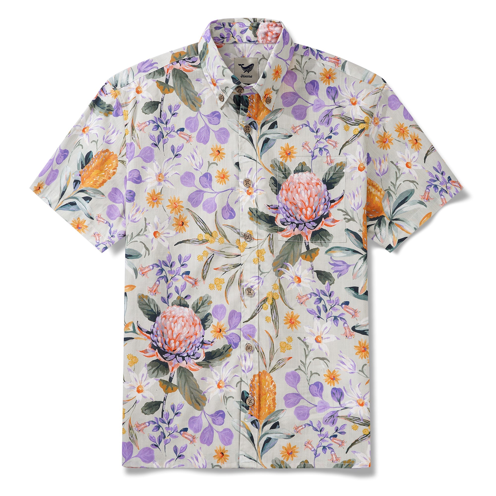 Bushwalk By Jayne Branchflower 100% Cotton Men's Short Sleeve Button-down Shirt Purple Aloha Hawaiian