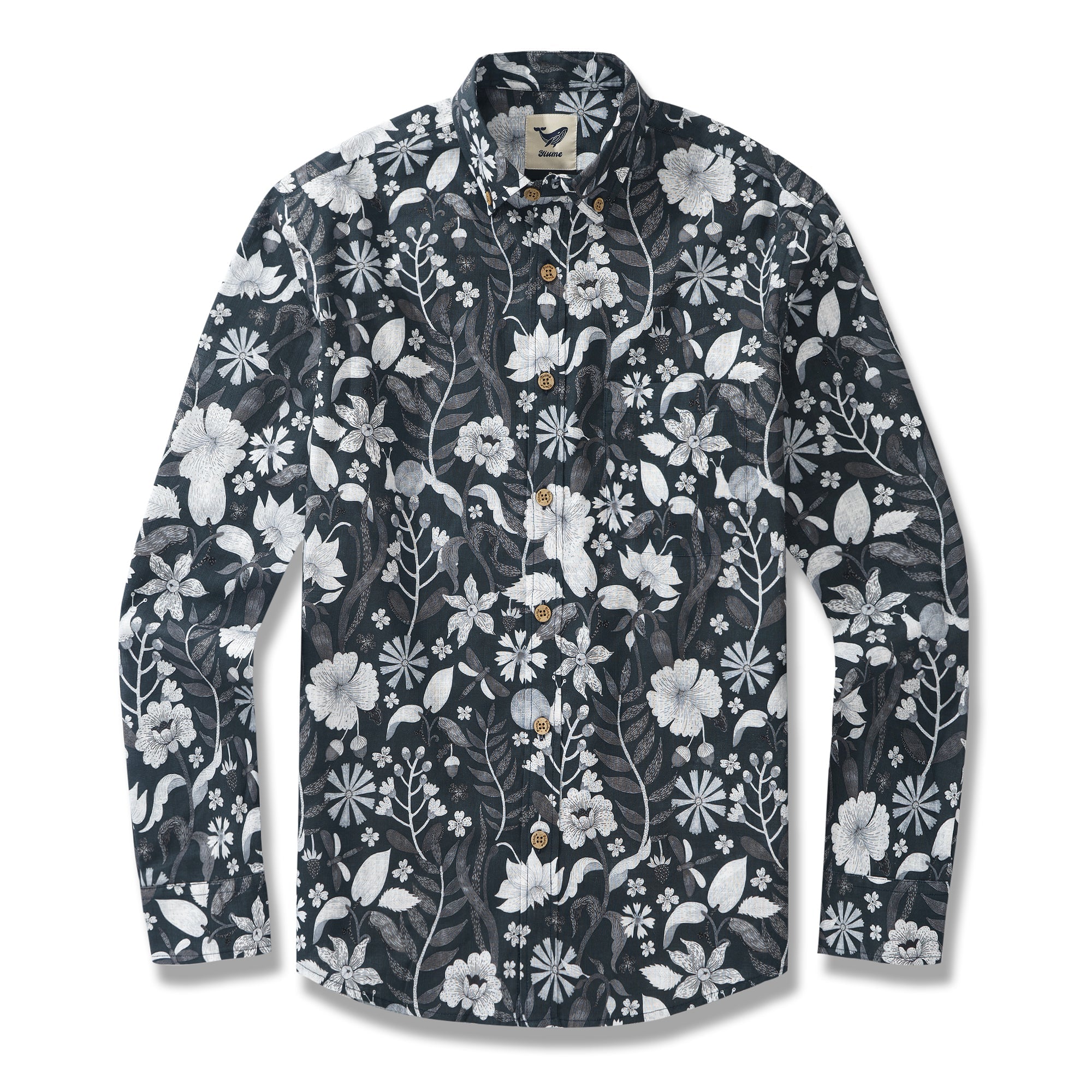 Grassy Field Through a Black and White Filter 100% Cotton Men's Aloha Hawaiian Long Sleeve Button-down Shirt